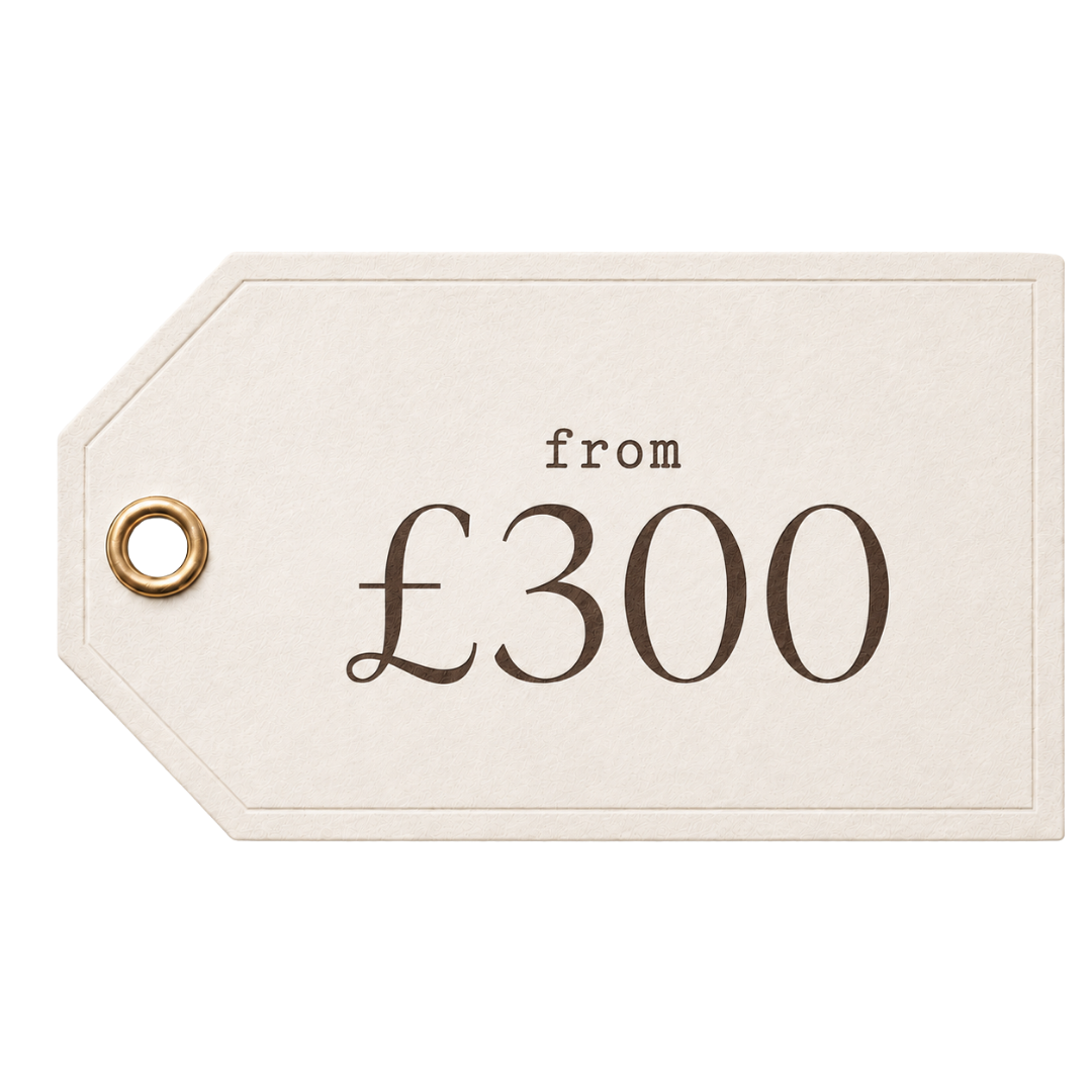 Price tag with white background and gold eyelet, displaying 'from £300' in brown text.