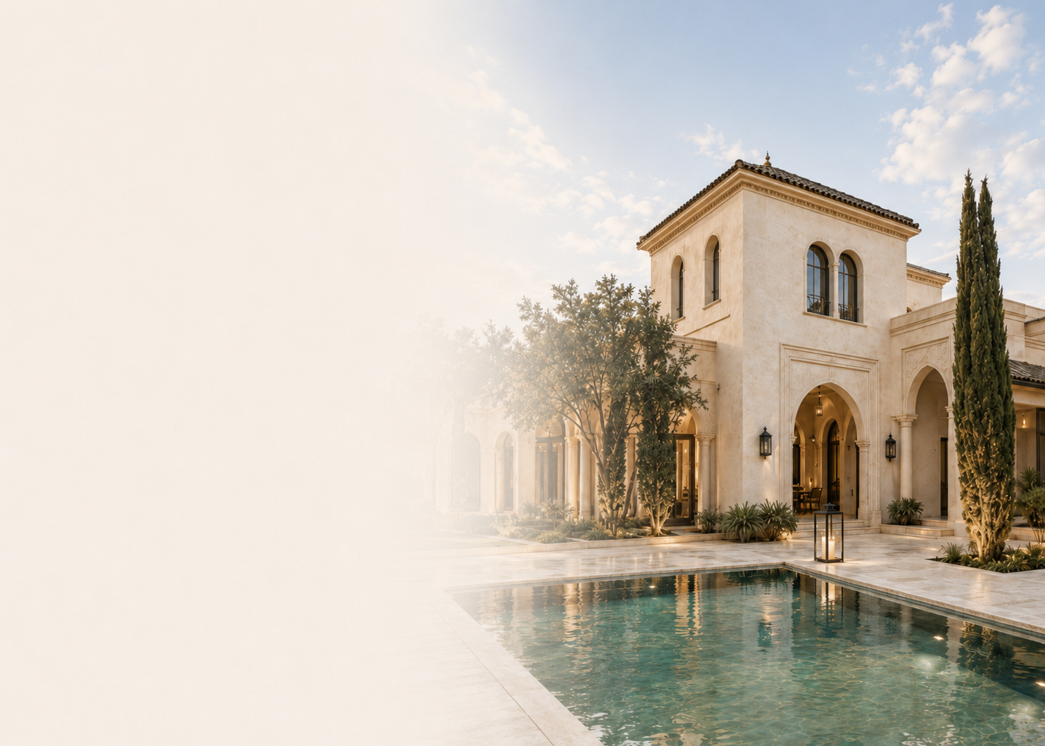 Luxury house with a swimming pool and landscaped garden, under a partly cloudy sky.