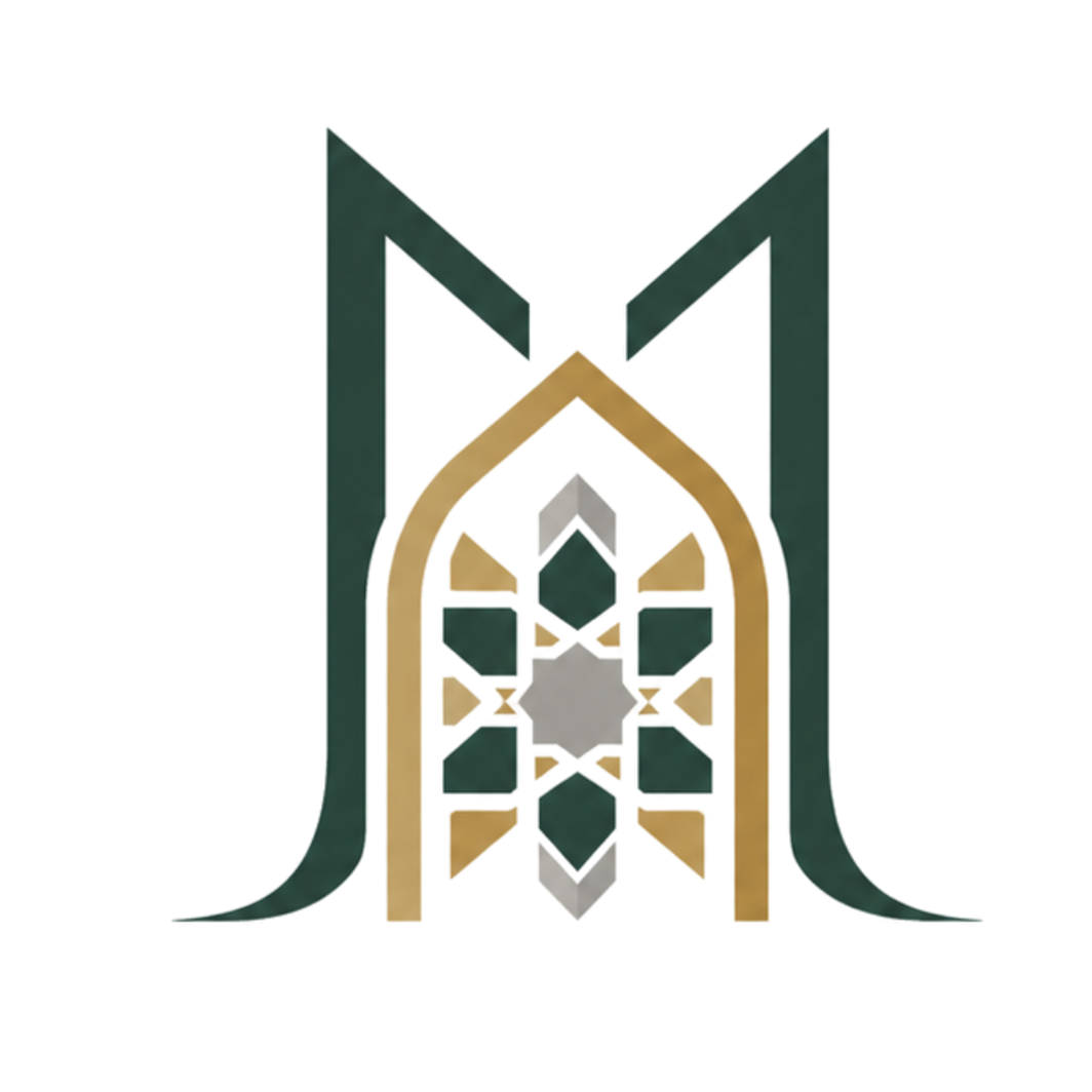 A stylized geometric logo resembling a mosque or cathedral with pointed arches, combined with intricate honeycomb or stained glass window designs, in shades of gold, green, gray, and white.