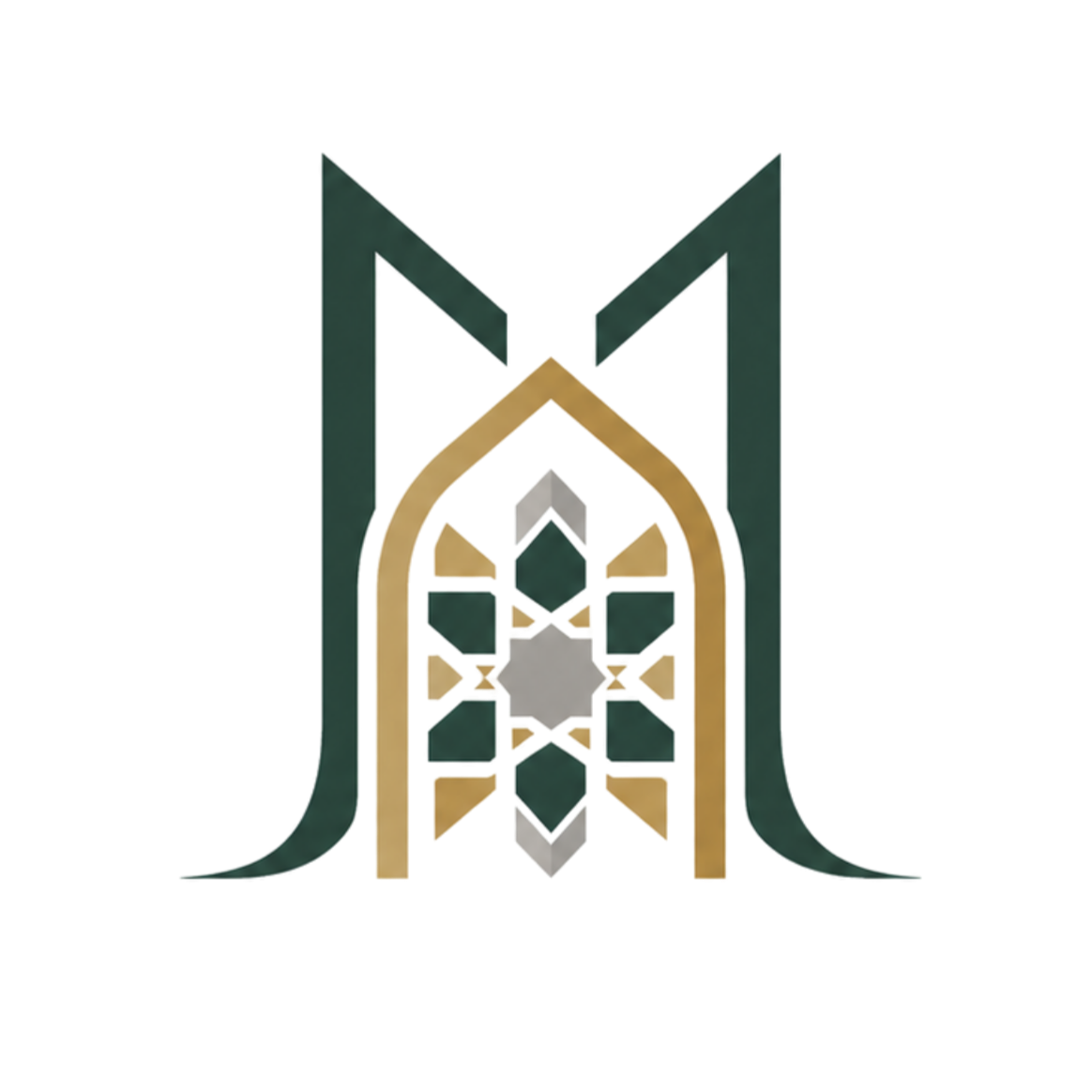 Decorative emblem with a stylized letter 'M' and geometric patterns in green, gold, and silver.