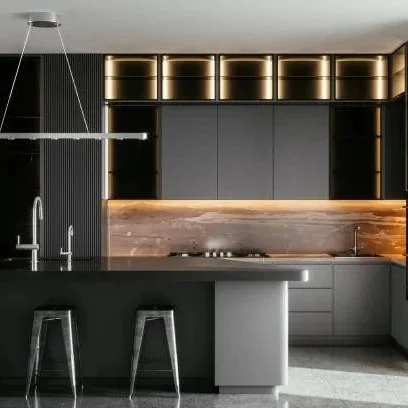 Modern kitchen with dark cabinets, a wooden backsplash, and gold LED lighting accents.