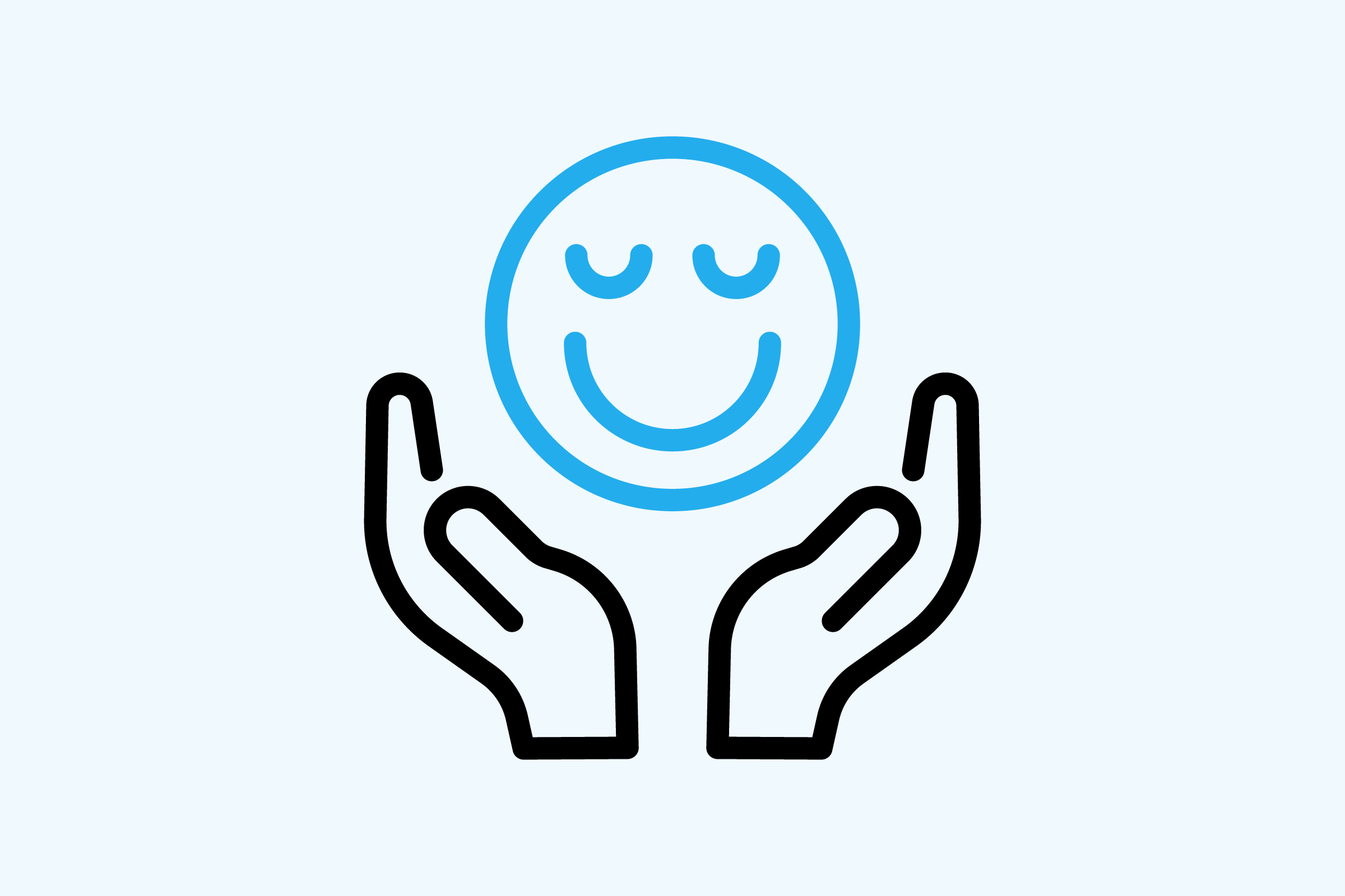 Hands holding a smiling face line icon representing positive company culture