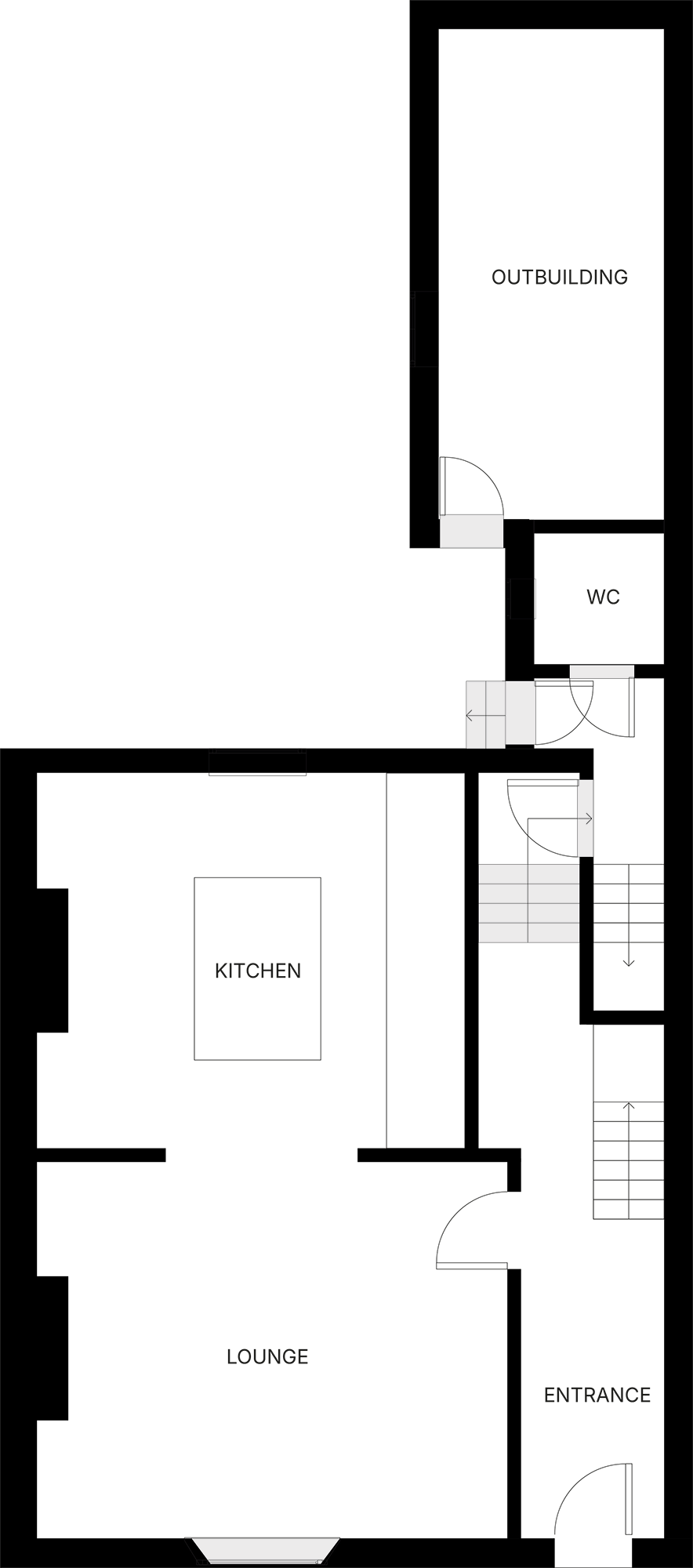 Ground floor layout of 3 Banks Terrace, showing the main entrance hallway leading to a lounge, kitchen, WC, and an attached outbuilding.