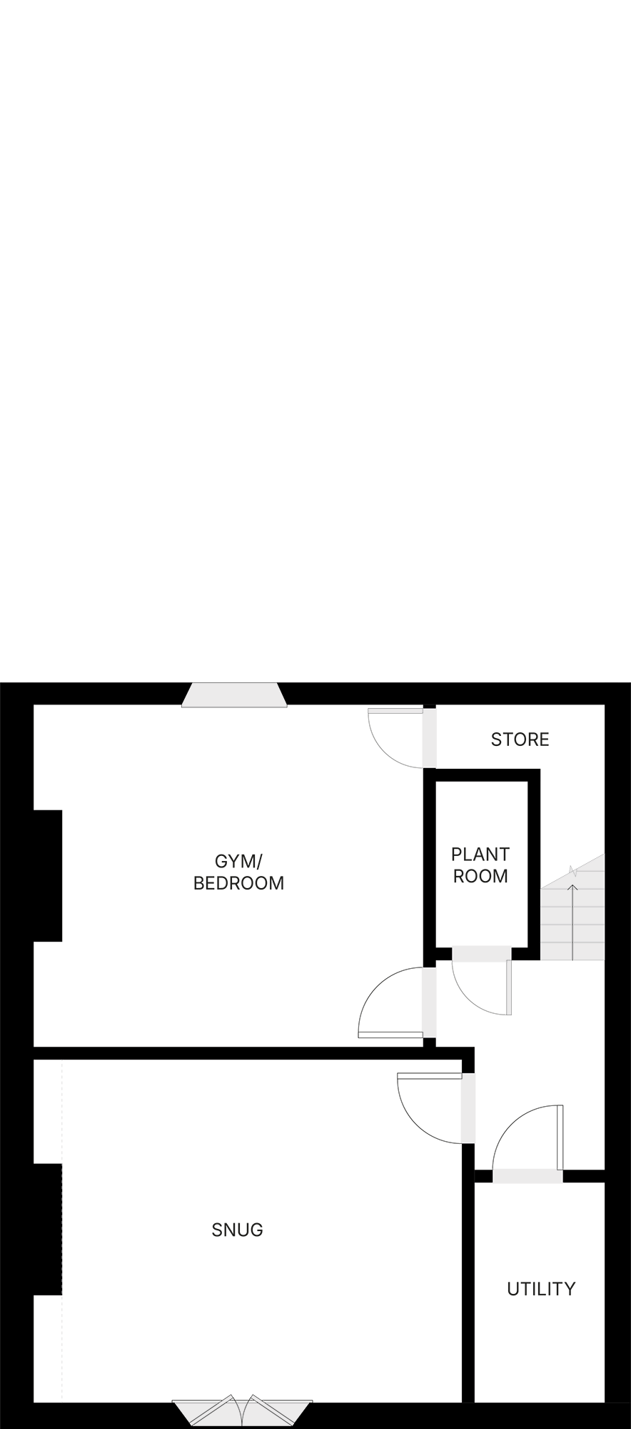 Lower ground floor plan for 3 Banks Terrace in Richmond, detailing the layout of the snug, a versatile gym or extra bedroom, utility room, plant room, and storage area/ wine cellar.
