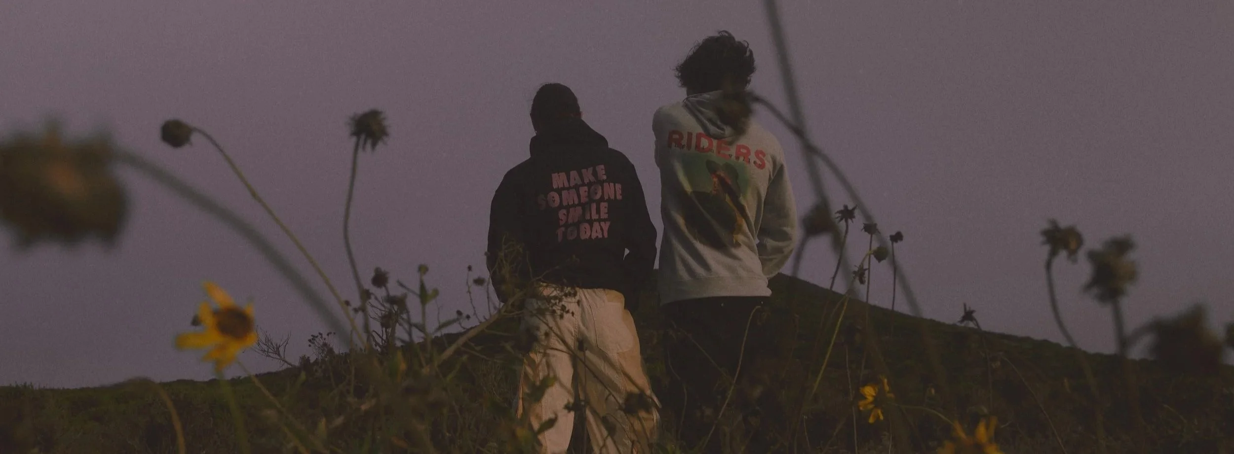 Two people standing outdoors on a hill at dusk, viewed from below through wildflowers. One is wearing a black hoodie with pink text, and the other is wearing a light-colored hoodie with a graphic and red text.