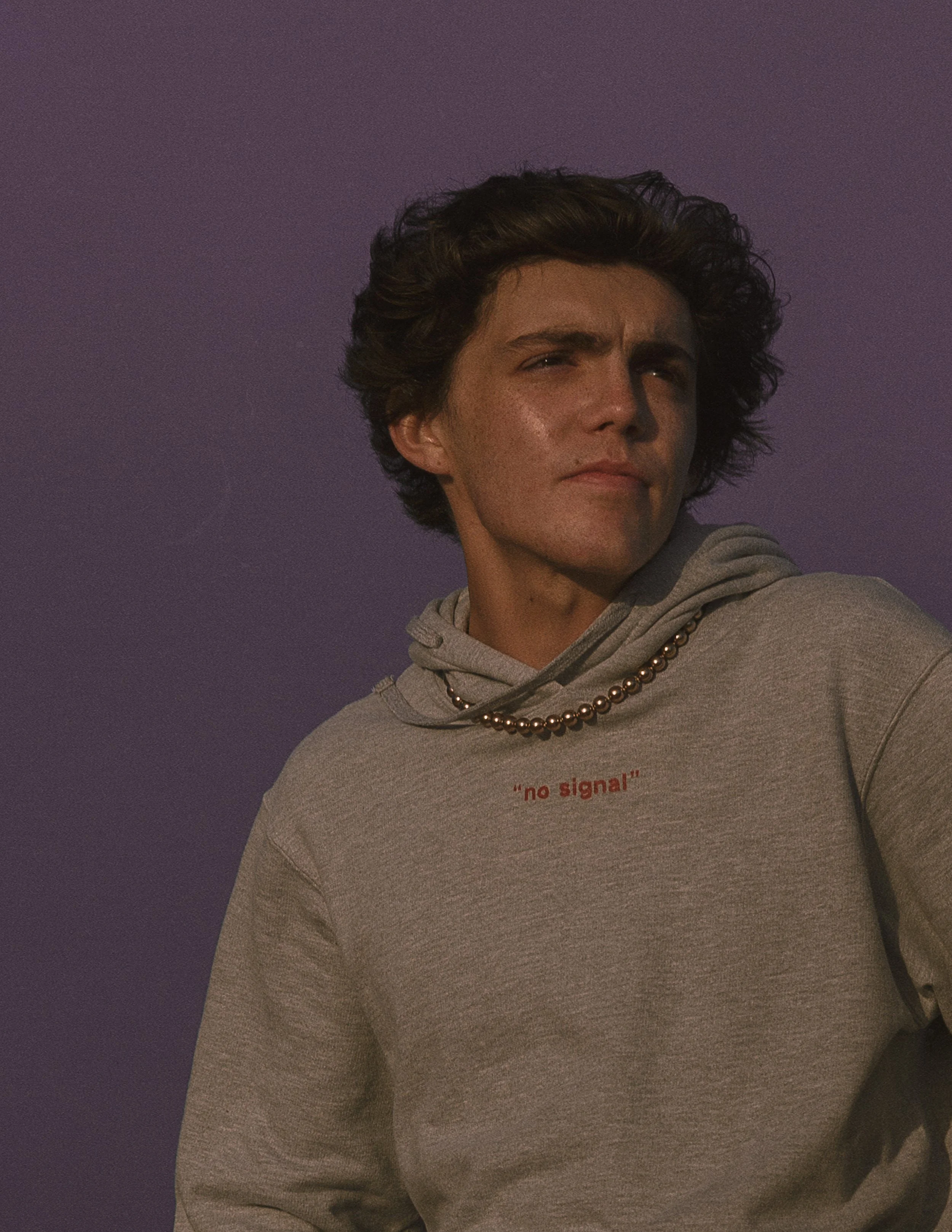 A young man with curly brown hair and light skin wearing a gray hoodie and a beaded necklace against a purple background, looking off to the side.