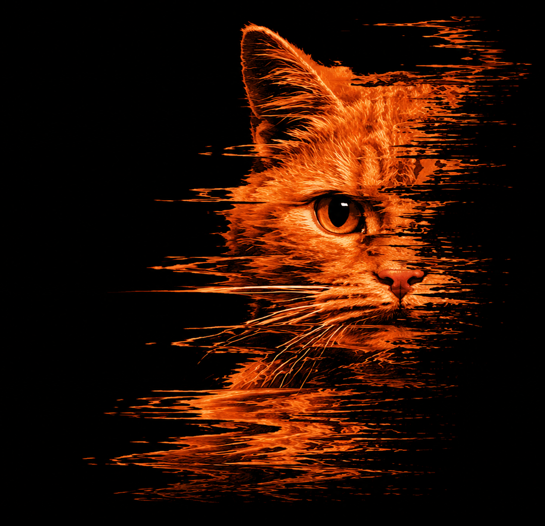 A digital art image of a cat's face with orange fur, partially reflected in water, against a black background.