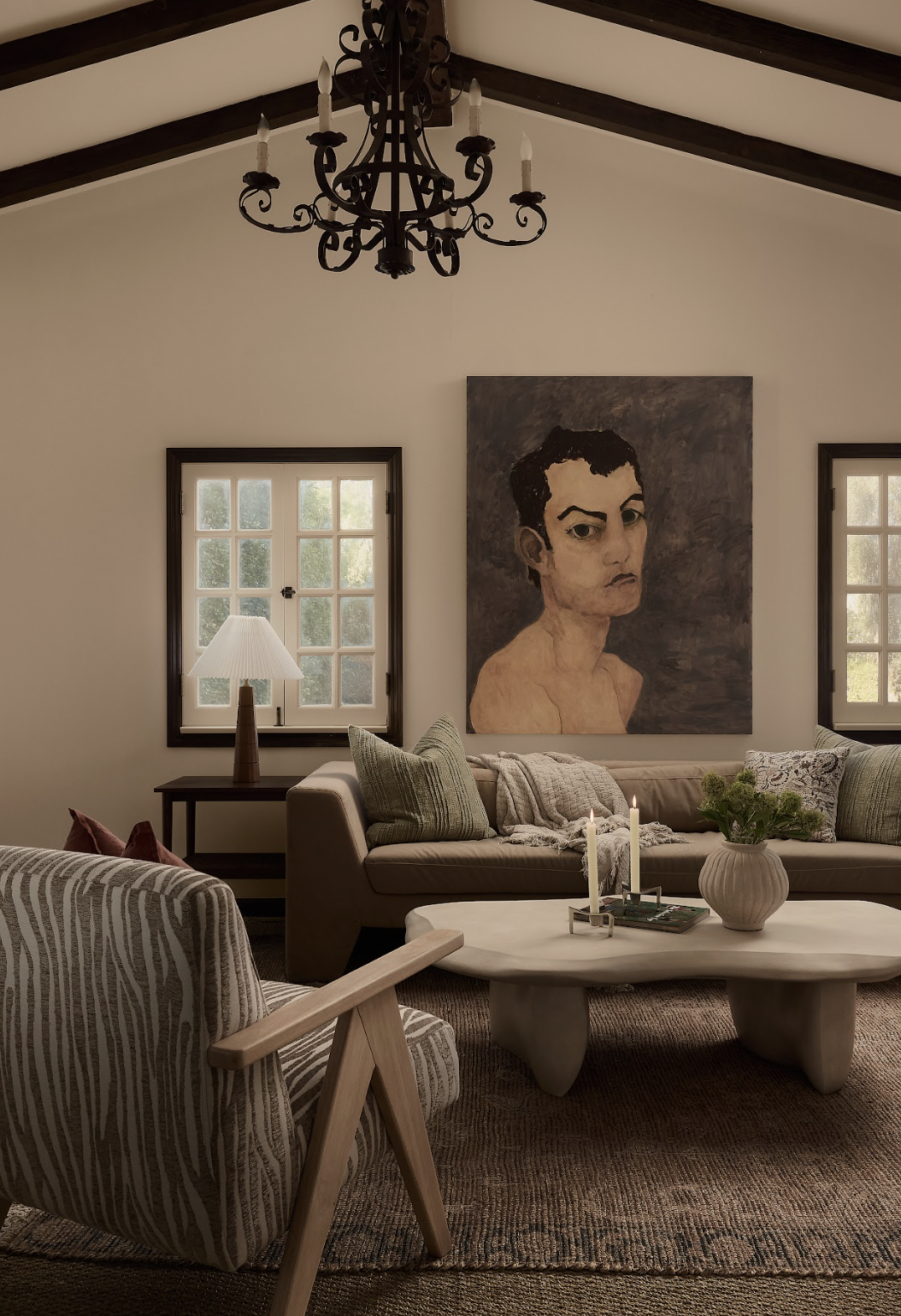Formal living room in a 1925 Hancock Park estate by Weston & Weston, AIA, staged by Francesca Grace with curated furnishings and contemporary artwork.