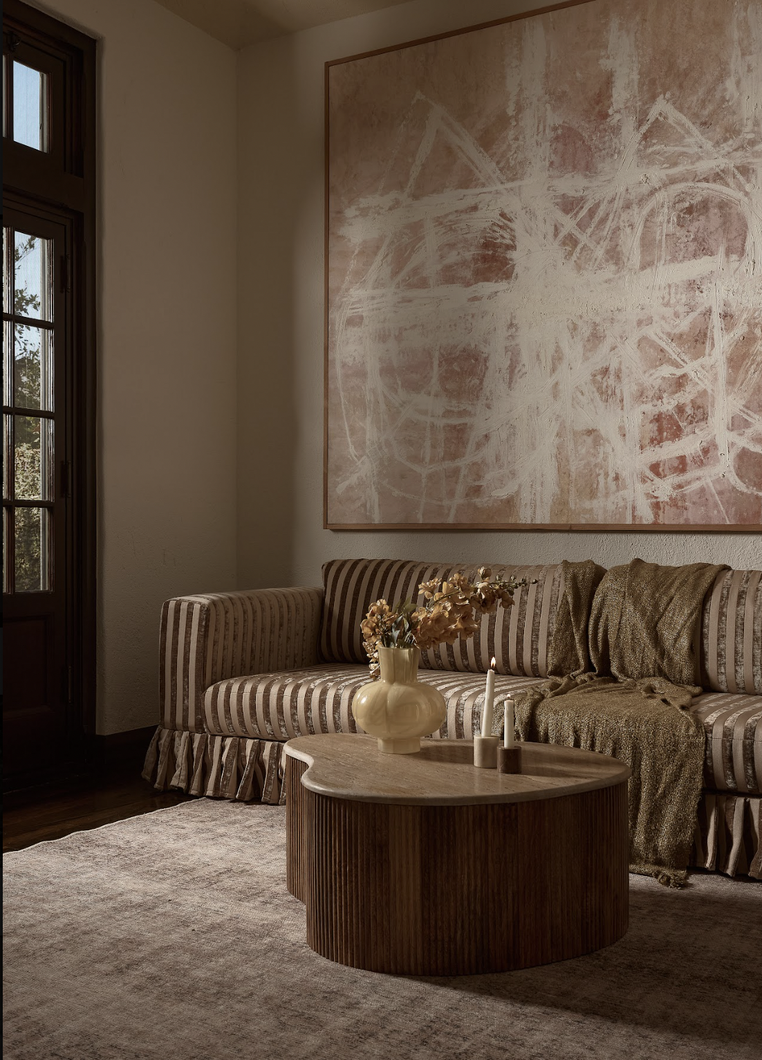 Living room in a luxury Hancock Park residence in Los Angeles featuring layered textiles, traditional architecture, and interior staging by Francesca Grace.