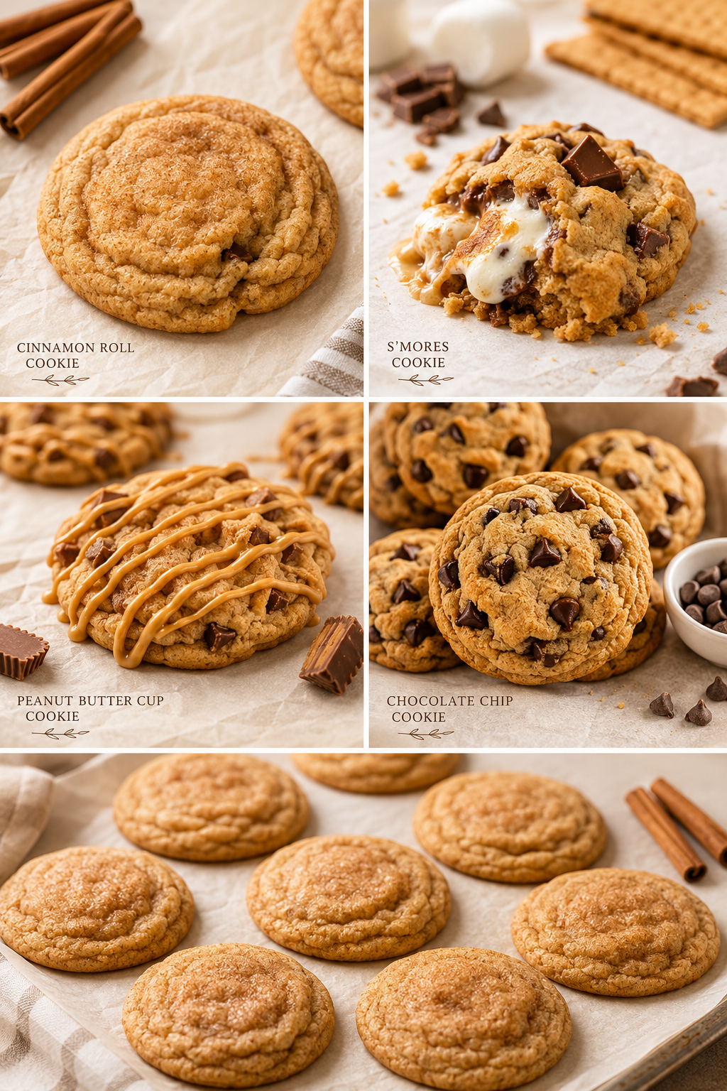Assortment of cookies including cinnamon roll, s'mores, peanut butter cup, and chocolate chip cookies on a baking sheet and parchment paper.