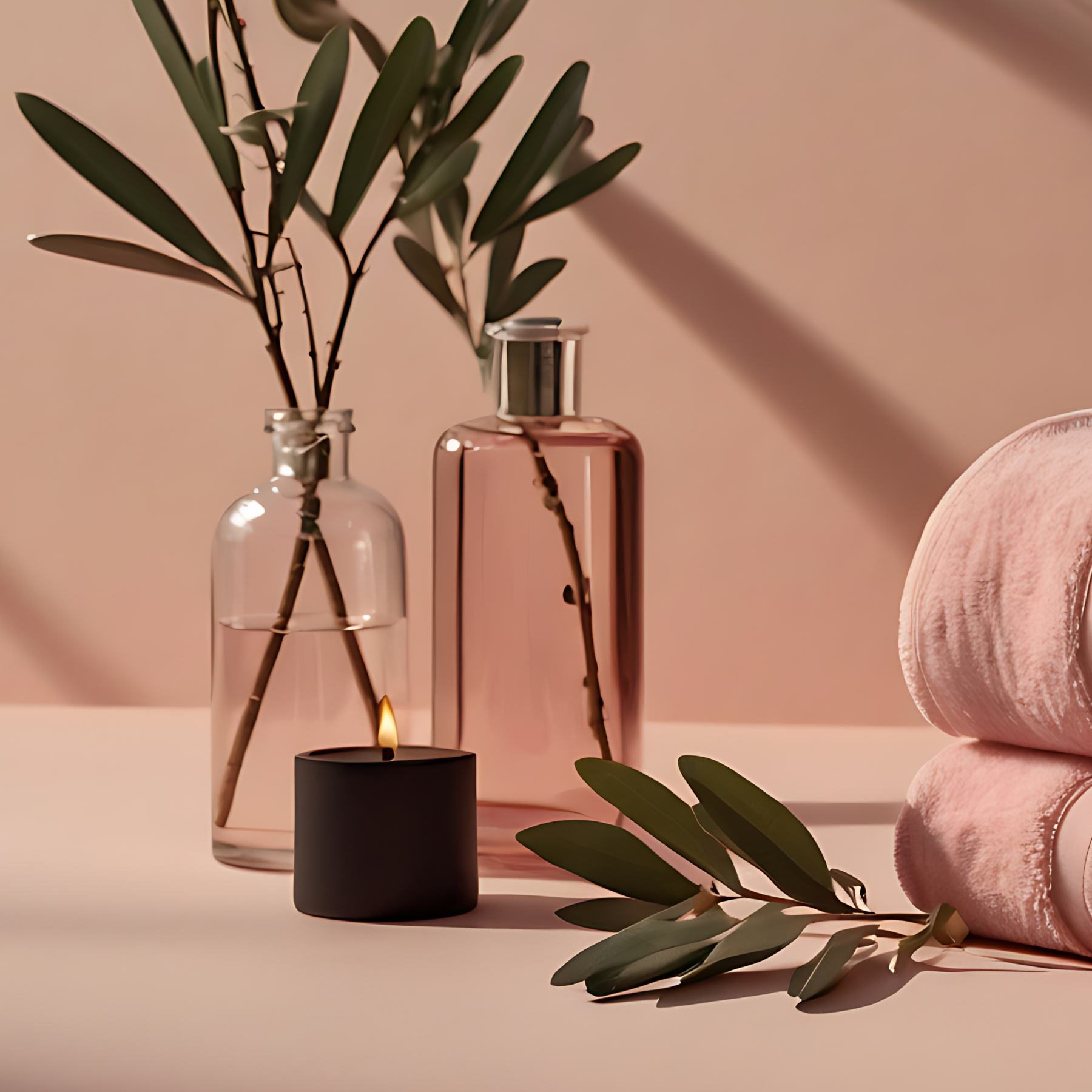 Three vases with green foliage on a surface with a pink background and a light pink cushion on the right.