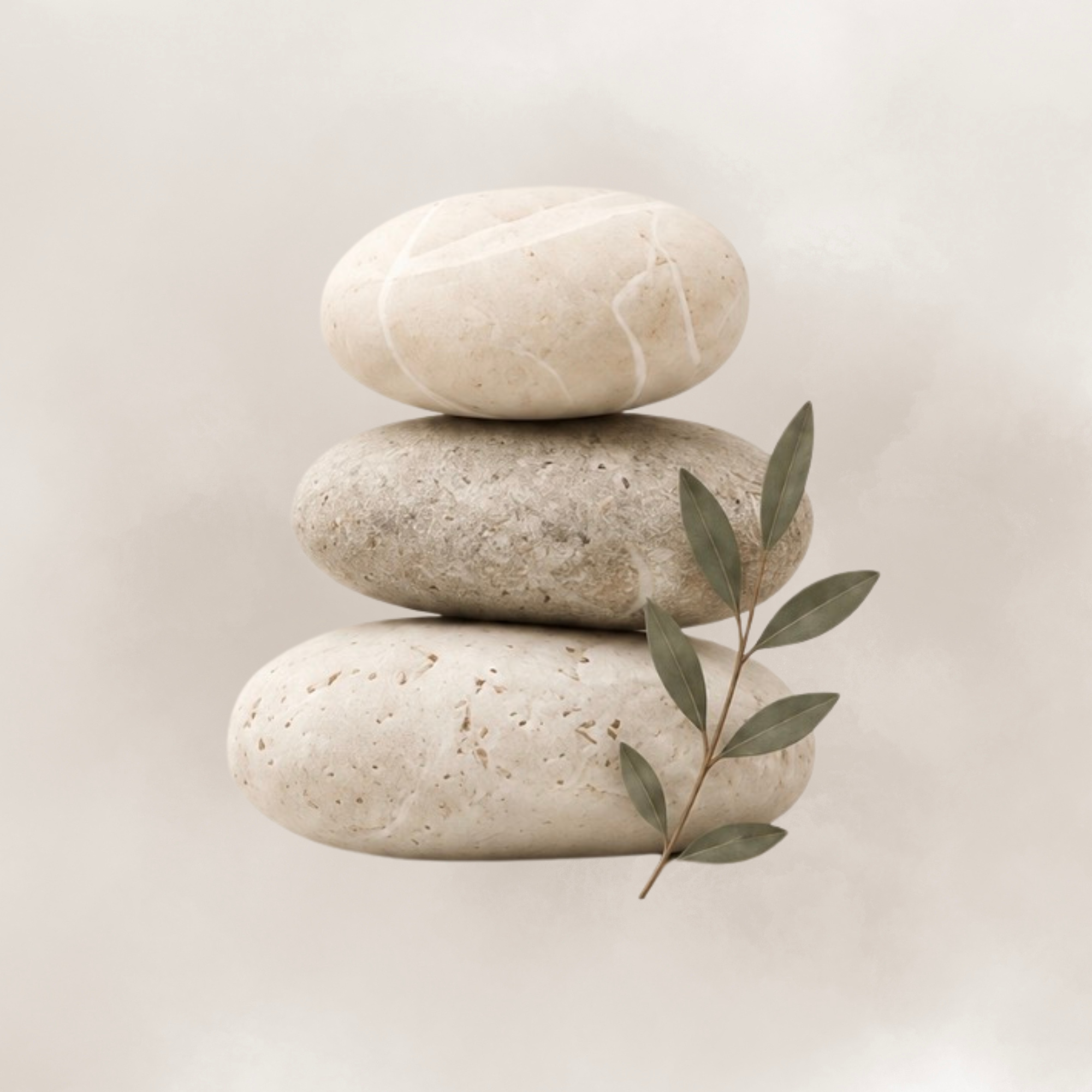 Stacked smooth beige and speckled stones with green leaves at the bottom right.