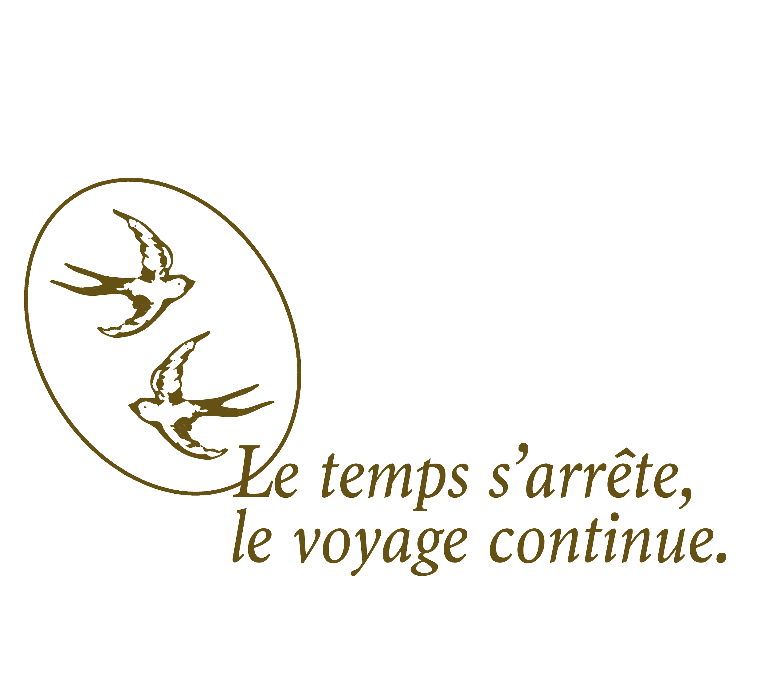 Une illustration d'une plume et d'un texte en français qui dit : « Le temps s'arrête, le voyage continue ».