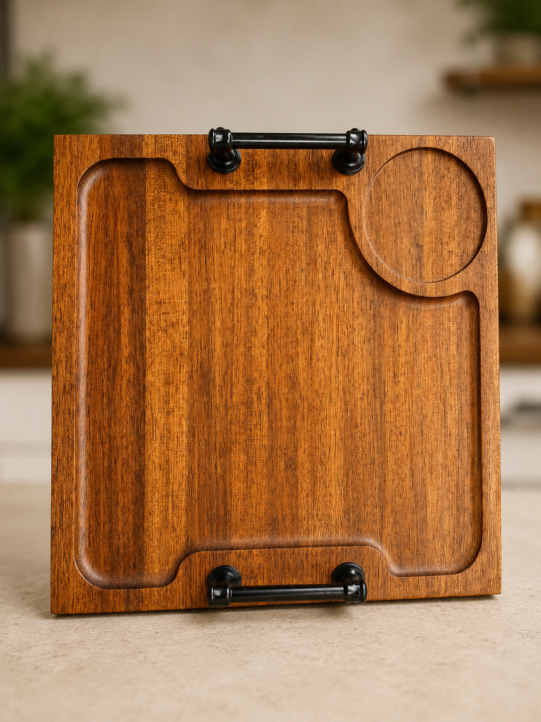 A wooden serving tray with two black handles, featuring a circular cutout in one corner and a large flat area.