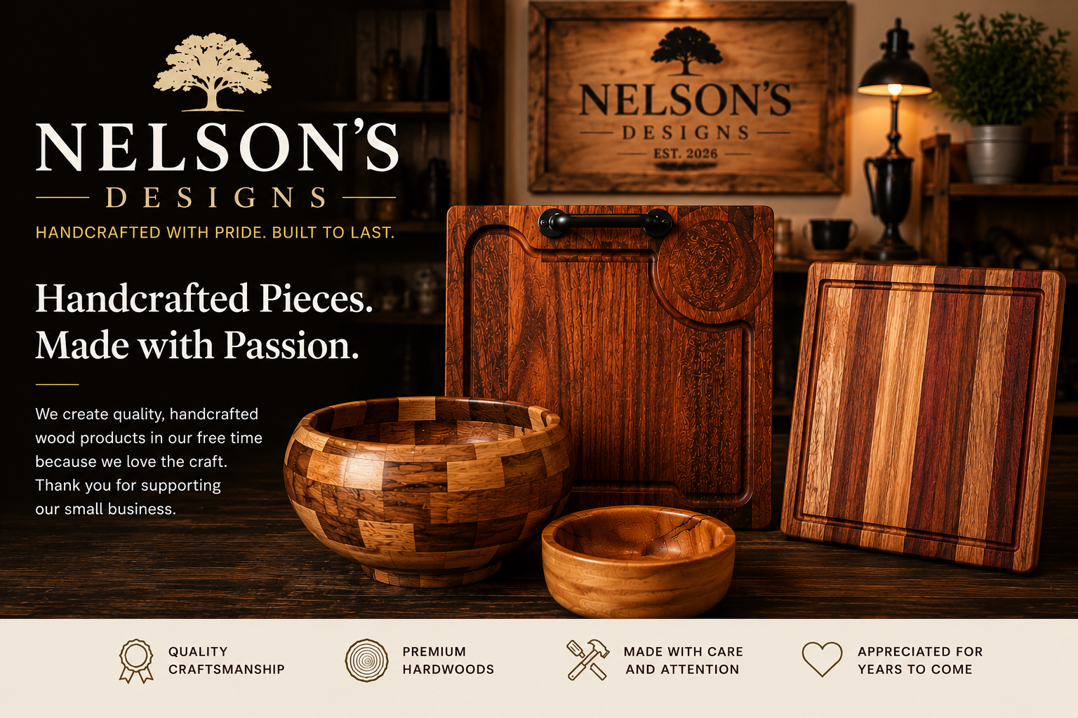 Display of handcrafted wooden bowls and cutting boards with a wooden sign reading "Nelson's Designs EST. 2026" in a woodworking shop setting.