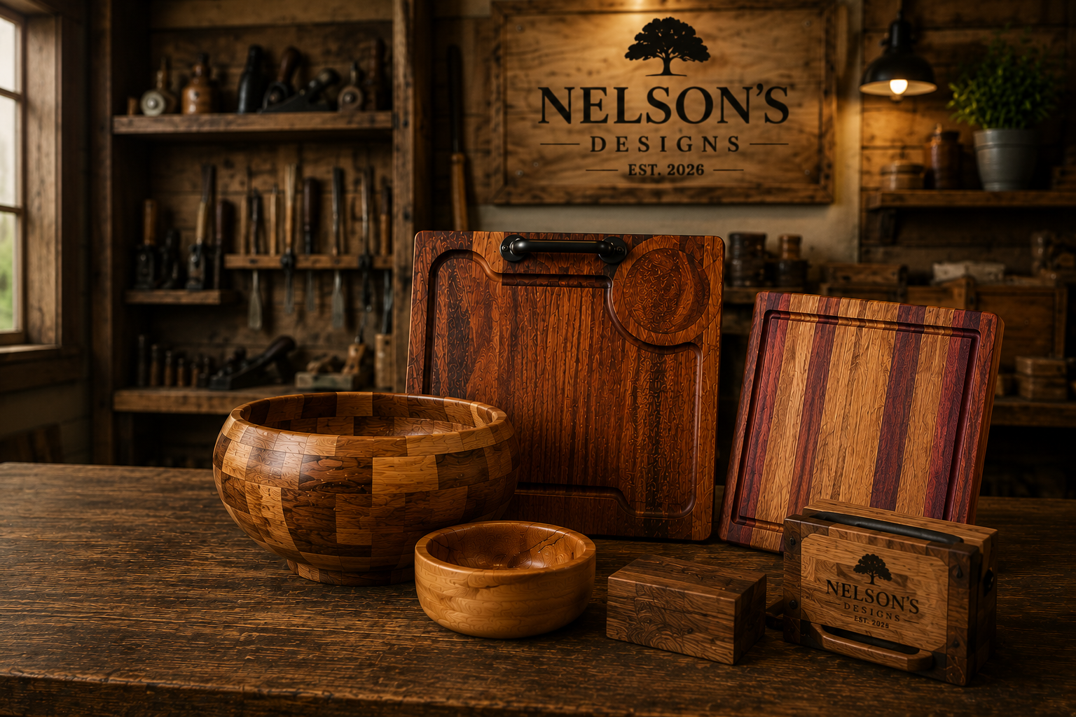 Various wooden bowls and cutting boards displayed on a rustic wooden table inside a woodworking shop, with tools hanging on walls in the background and a sign reading 'Nelson's Designs'