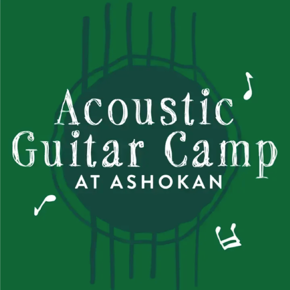 Green promotional poster for Acoustic Guitar Camp at Ashokan, featuring a stylized guitar illustration and musical notes.