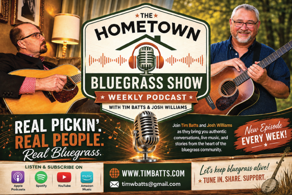 Podcast cover for 'The Hometown Bluegrass Show,' featuring two men playing guitars, with text about weekly episodes and supporting bluegrass music.