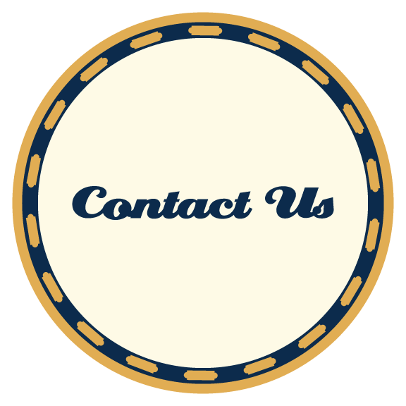 Circular badge with navy and gold border and the text 'Contact Us' in the center.
