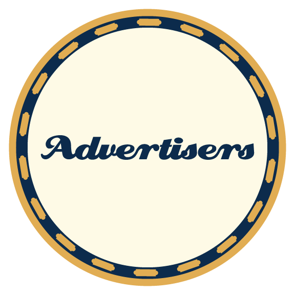 Circular logo with a navy blue and gold border, containing the word 'Advertisers' in navy blue script font on a beige background.