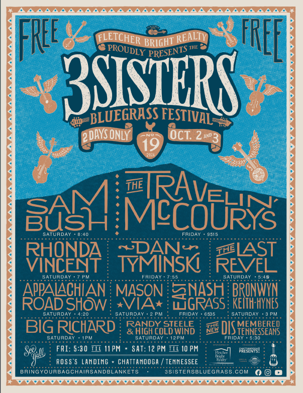 Bluegrass music festival poster titled '3 Sisters Bluegrass Festival' presented by Fletcher Bright Realty, held October 2-3, 2024, featuring performers such as Sam Bush, The Traveling McCourys, Rhonda Vincent, Dan Tyminski, The Last Revel, Appalachian Roadshow, Mason Via, Nash, Bronwyn Keith-Hynes, Big Richard, Randy Steele & High Cold Wind, and others, with performance times and locations listed, surrounded by guitar and mandolin illustrations.