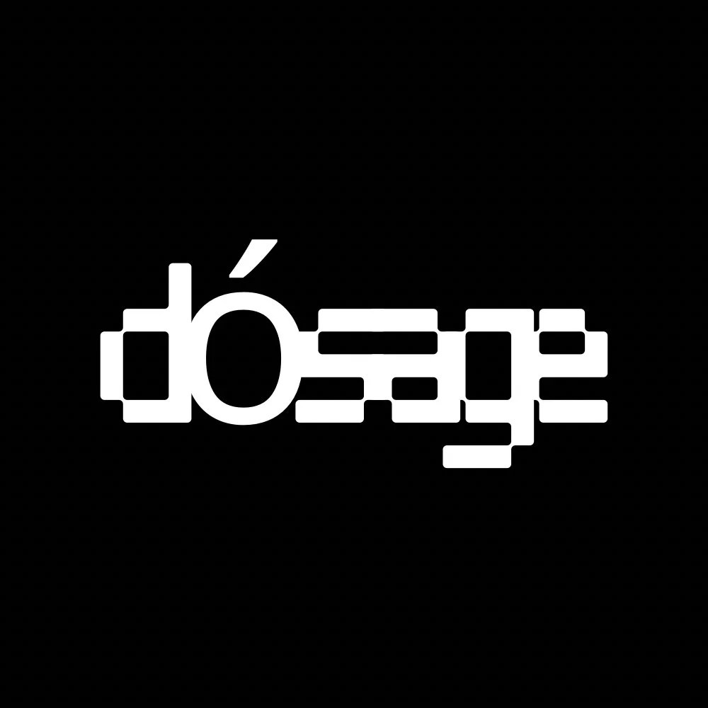 Dósage in white against a black background.