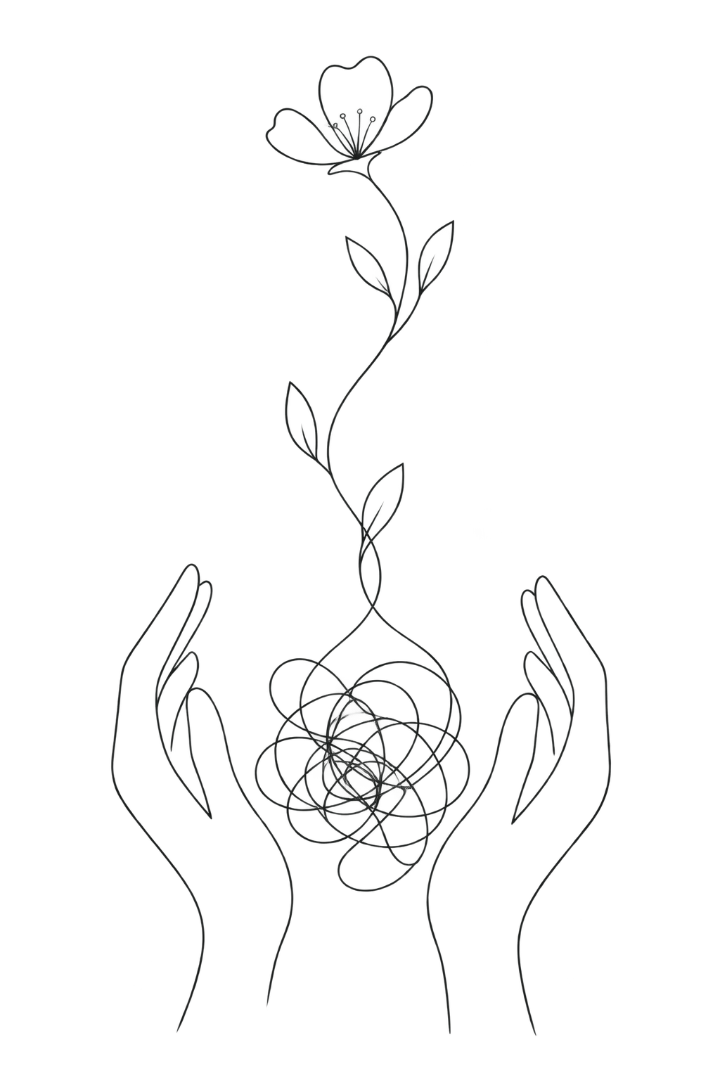 Outline drawing of two hands holding a tangled ball of string, from which a flower with leaves is emerging.