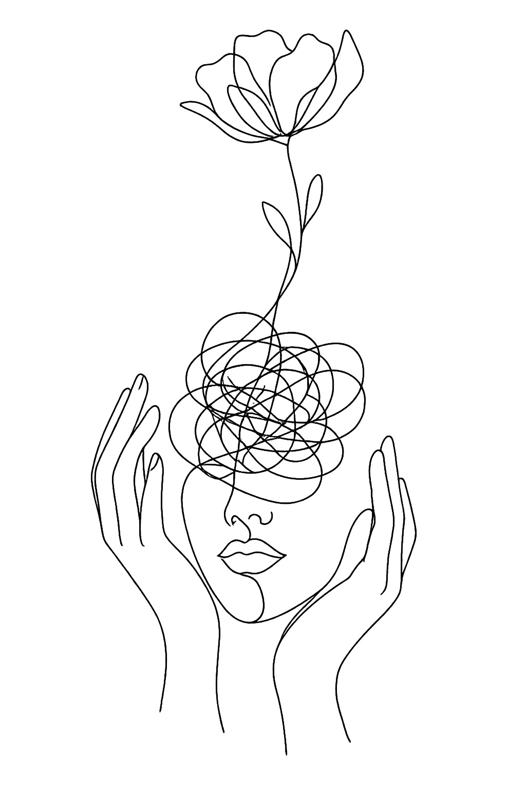 Line drawing of a woman's face and hands with a flower growing from her forehead.