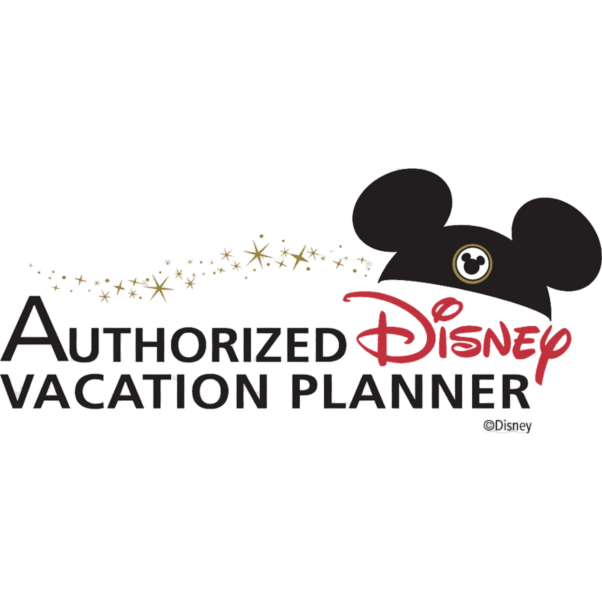 Black Mickey Mouse-shaped silhouette with Mickey Mouse eye logo and text related to Disney and authorized vacation planner.