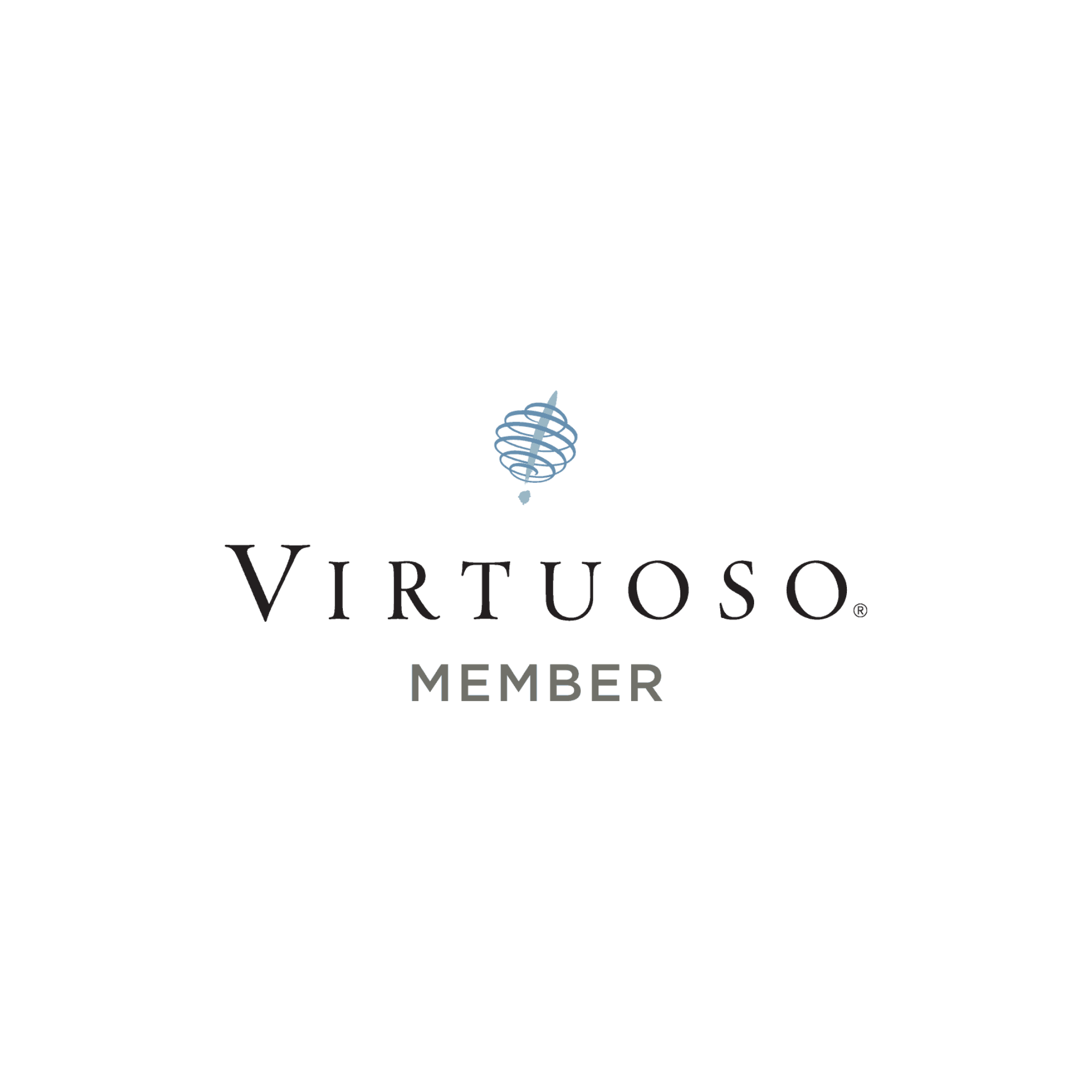 Logo for Virtuoso Member with a spiral design above the text.