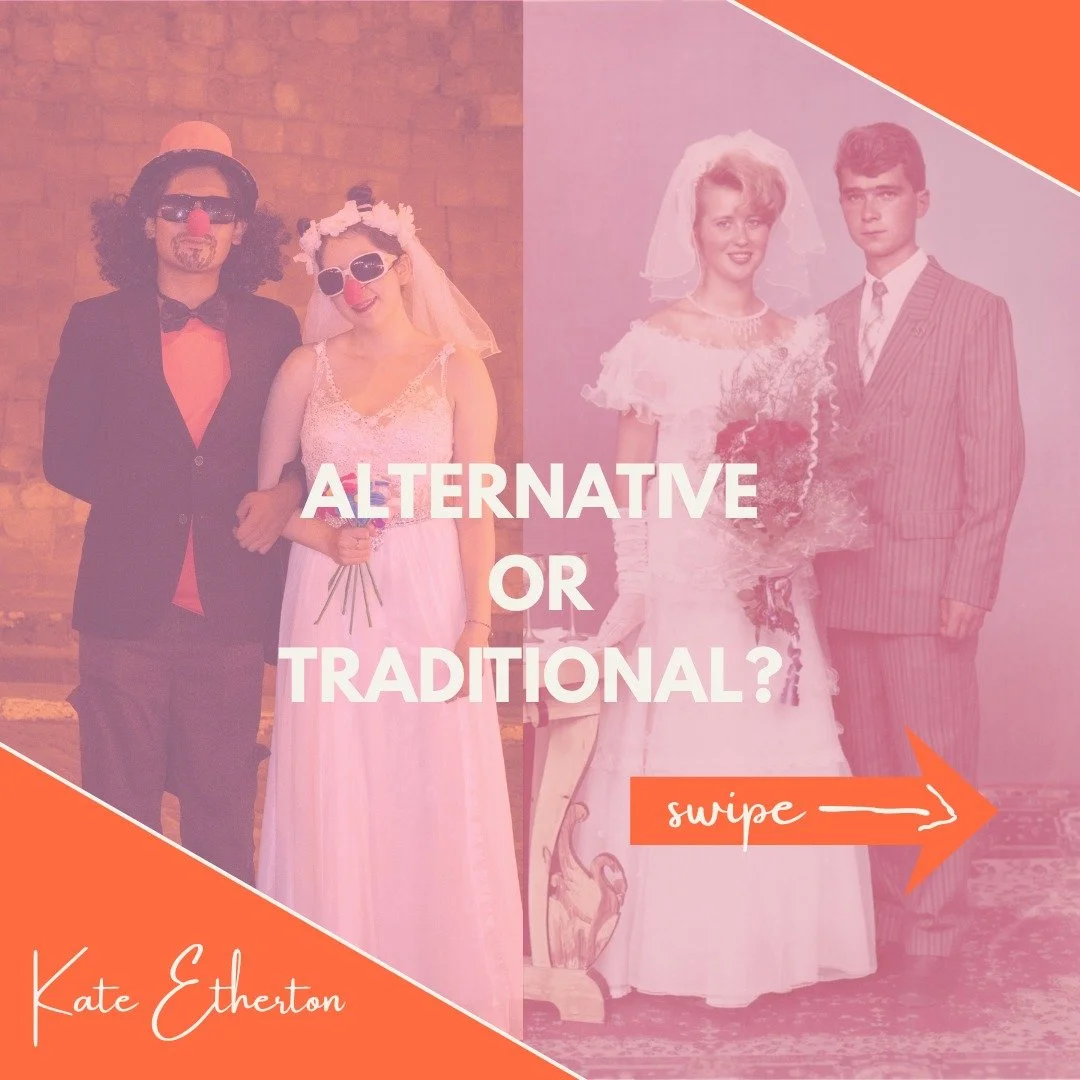 Wedding directories love a box. Alternative or traditional. Rustic or modern. Boho or black tie.

Trouble is, most of the couples I meet don't fit neatly into either, and neither do I. I'll happily write in a ring blessing your nan will love and cue 