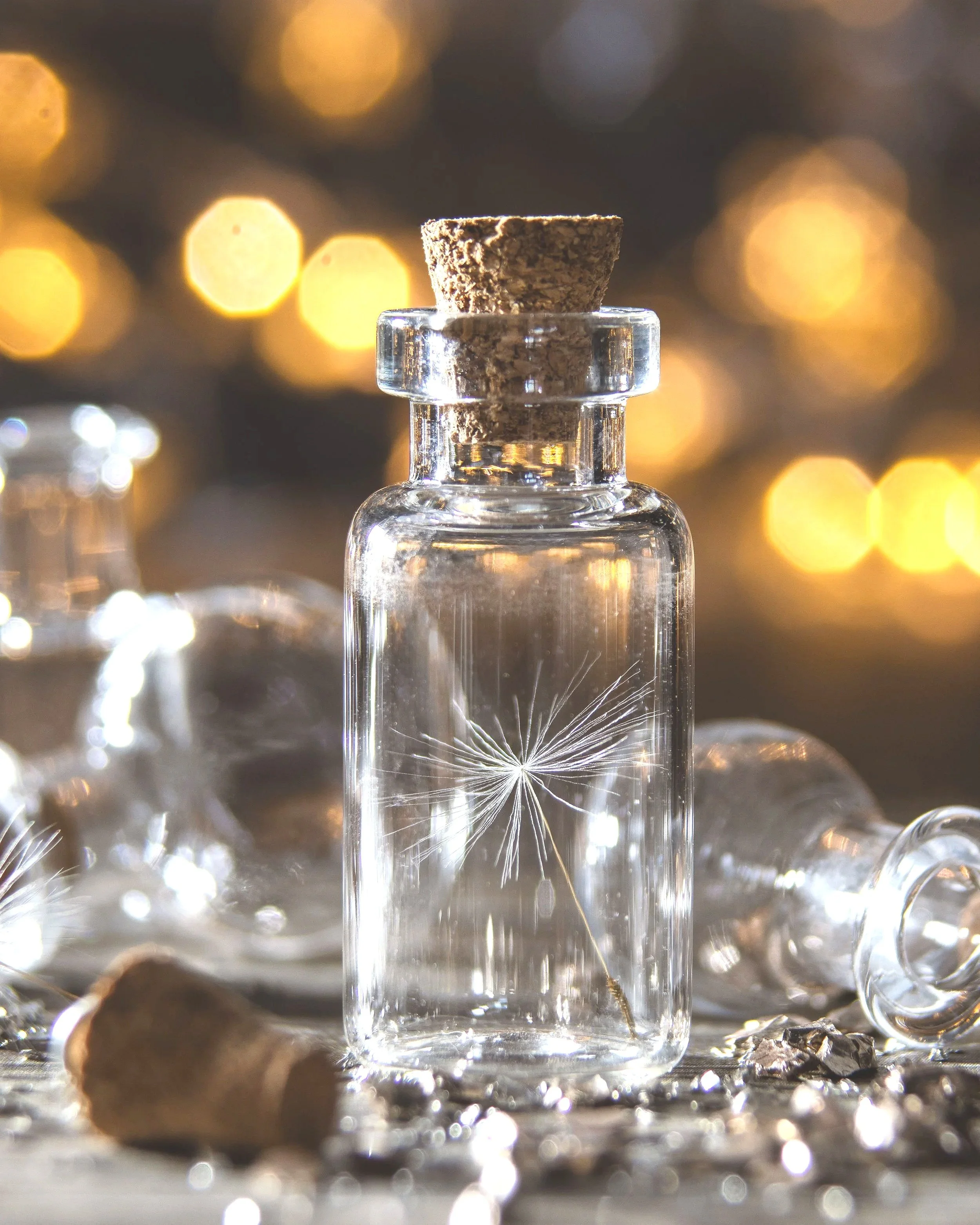 Close-up of a glass bottle with a cork stopper, with a dandelion seed floating inside the bottle, on a reflective surface, with blurry yellow and orange lights in the background.