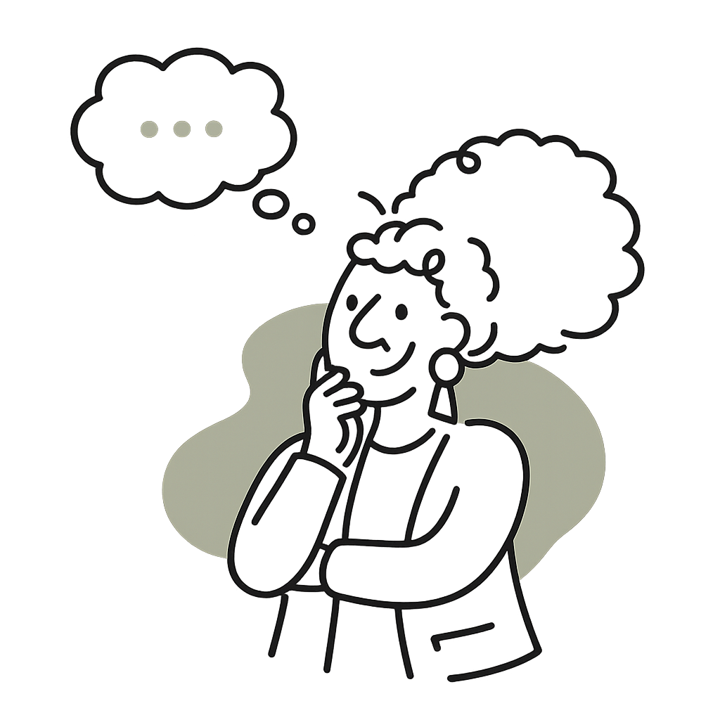 A woman with curly hair and earrings is thinking, with a thought bubble above her head containing three dots.