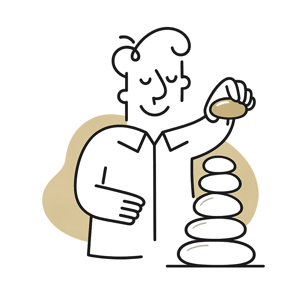 Illustration of a person with a backpack stacking stones on a table, holding a round snack or object, with a content expression.