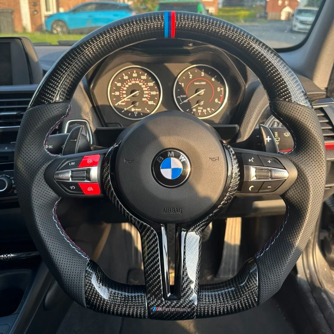 BMW M Sport Blue Carbon Flat Bottom Steering Wheel (No Airbag)