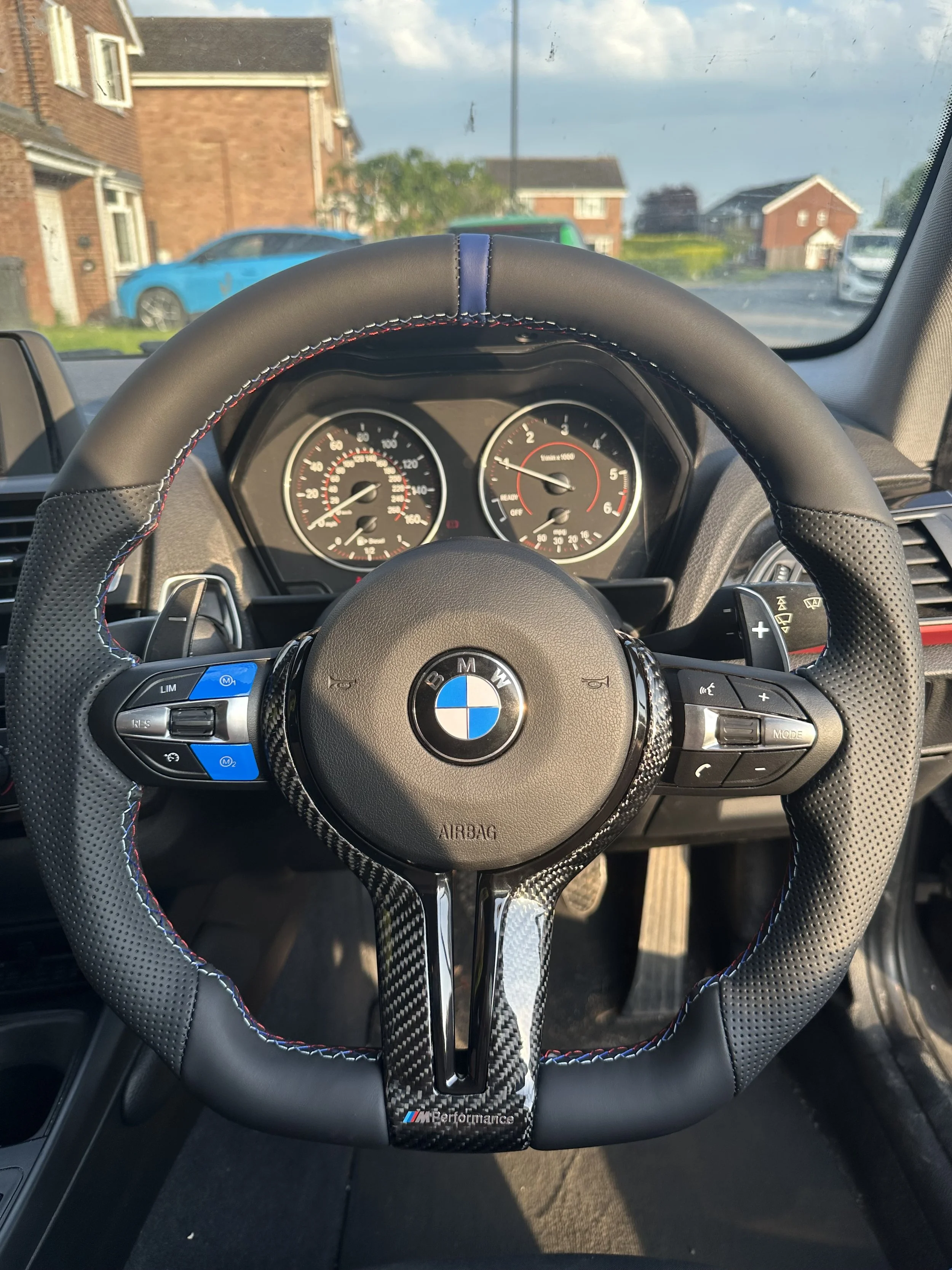 BMW Carbon Fibre M Sport Blue Flat Bottom Steering Wheel (No Airbag)