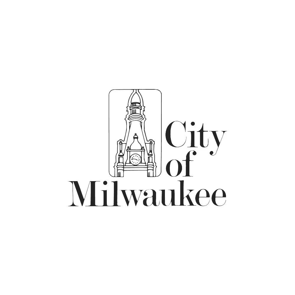 Logo of the City of Milwaukee featuring a line drawing of a historic building tower with a clock and spire, with the words "City of Milwaukee" in stylized font.
