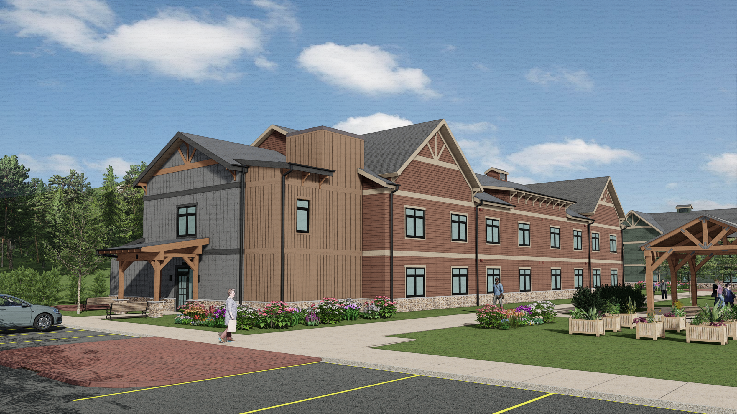 Architectural rendering of a multi-story residential housing building with landscaped walkways, garden beds, covered entryways, parking areas, and outdoor gathering spaces.