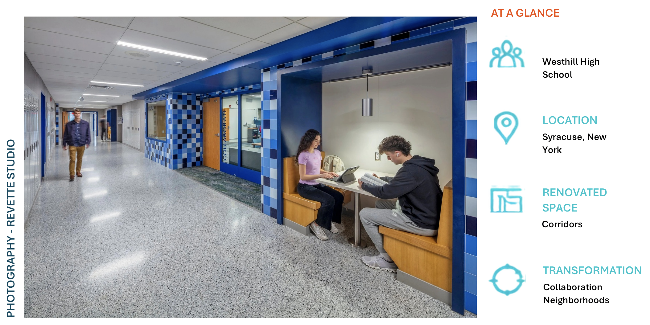 Photograph of students working in a renovated corridor at Westhill High School.