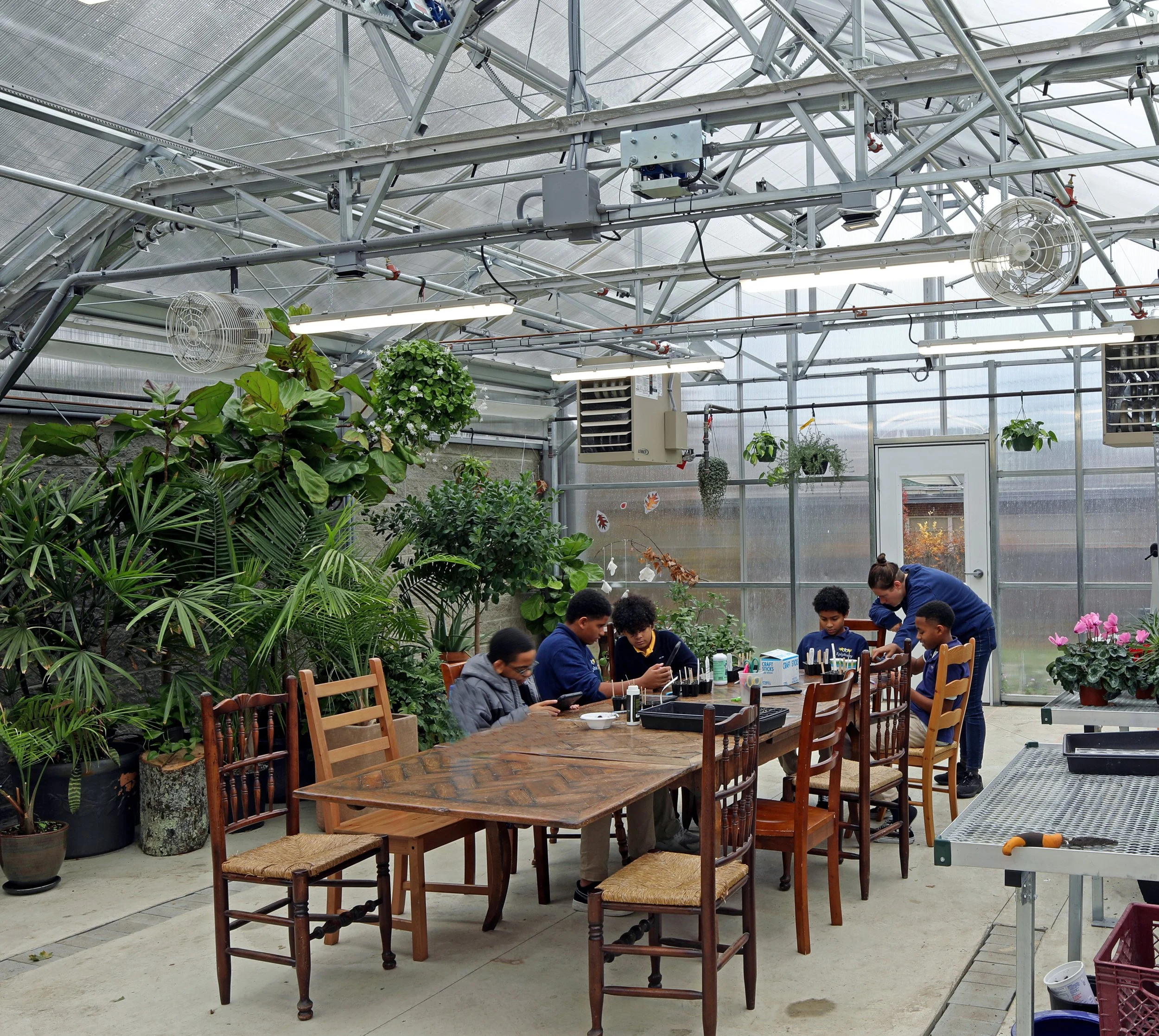 Students work together at tables surrounded by plants inside a large educational greenhouse.