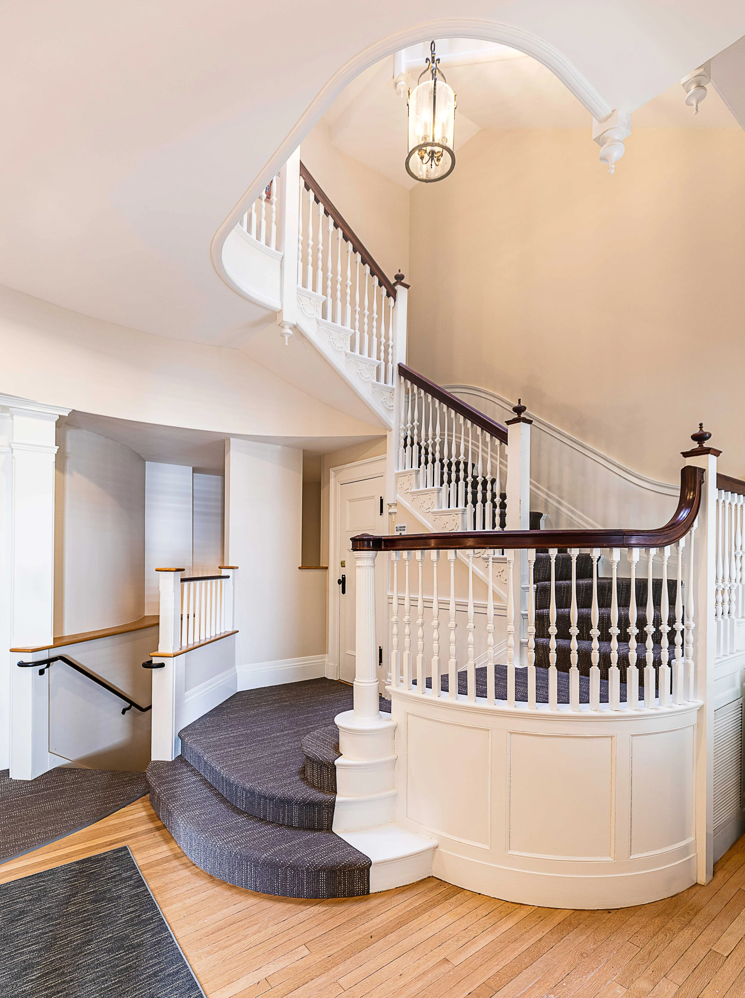 Curved interior staircase with white decorative railings, dark wood handrails, carpeted steps, and a hanging light fixture.