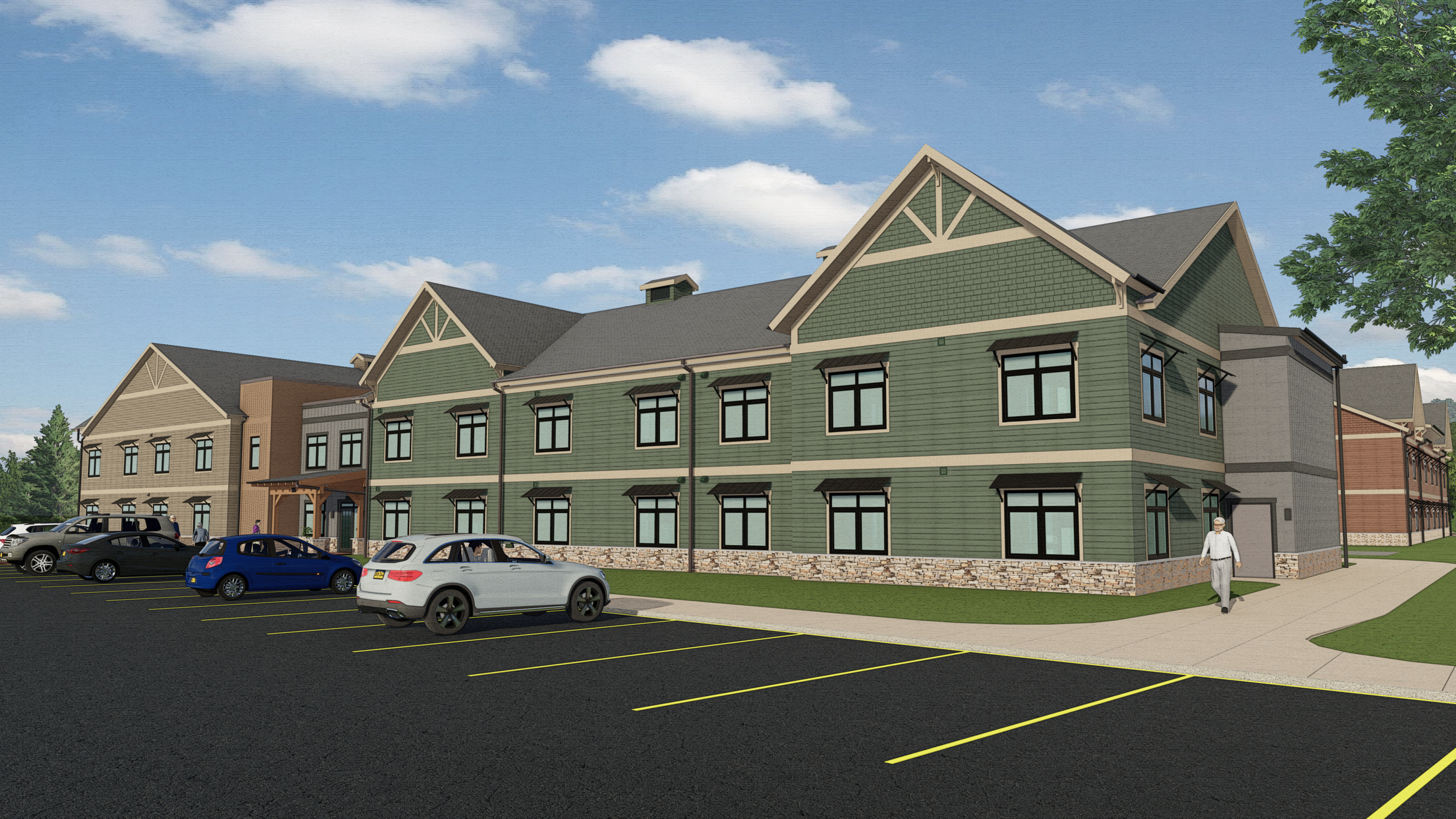 Architectural rendering of a multi-story residential housing building with a parking area, pedestrian walkways, landscaped grounds, and neighboring residential buildings under a blue sky.