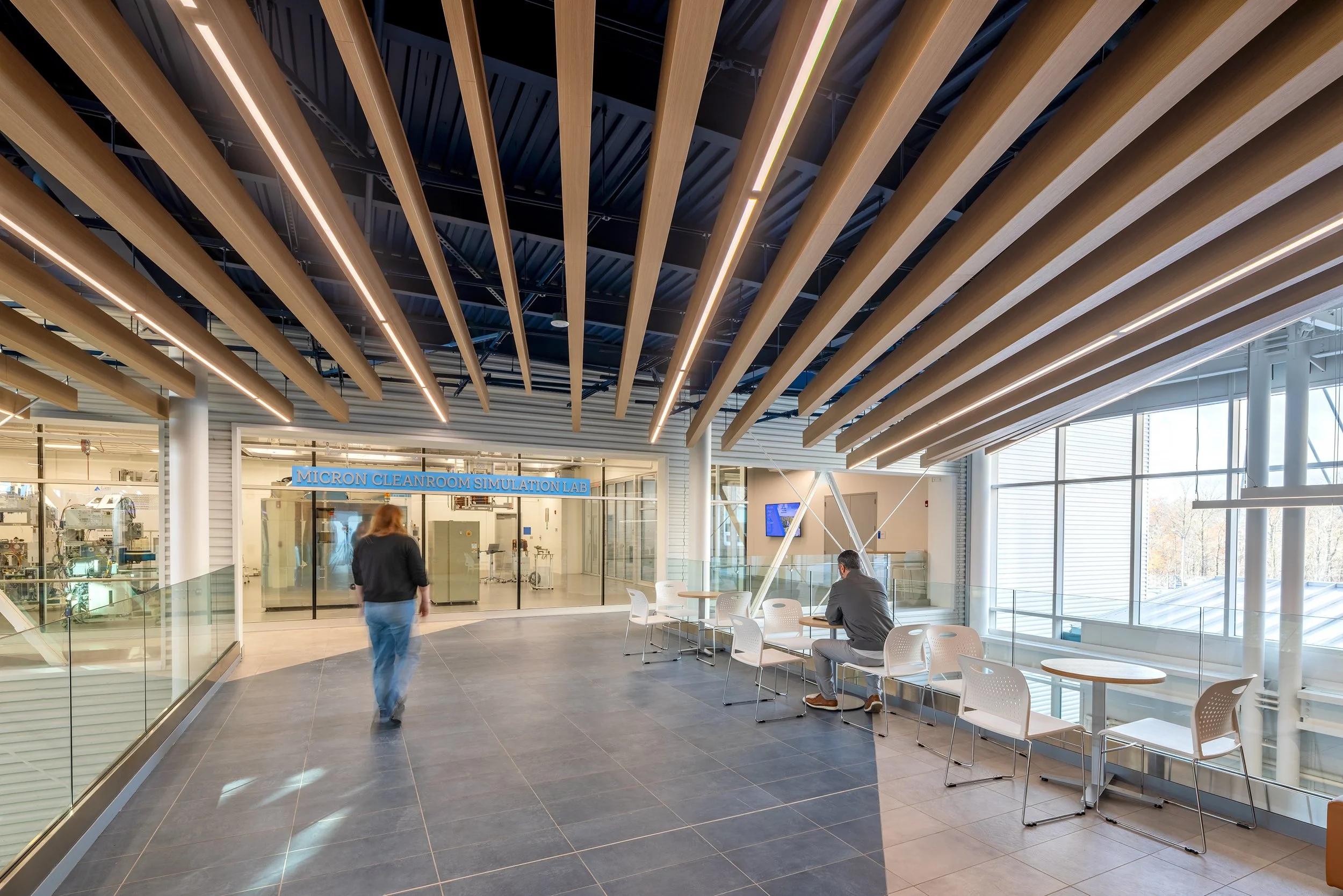 Upper level collaboration space overlooking the atrium and Micron Cleanroom Simulation Lab.