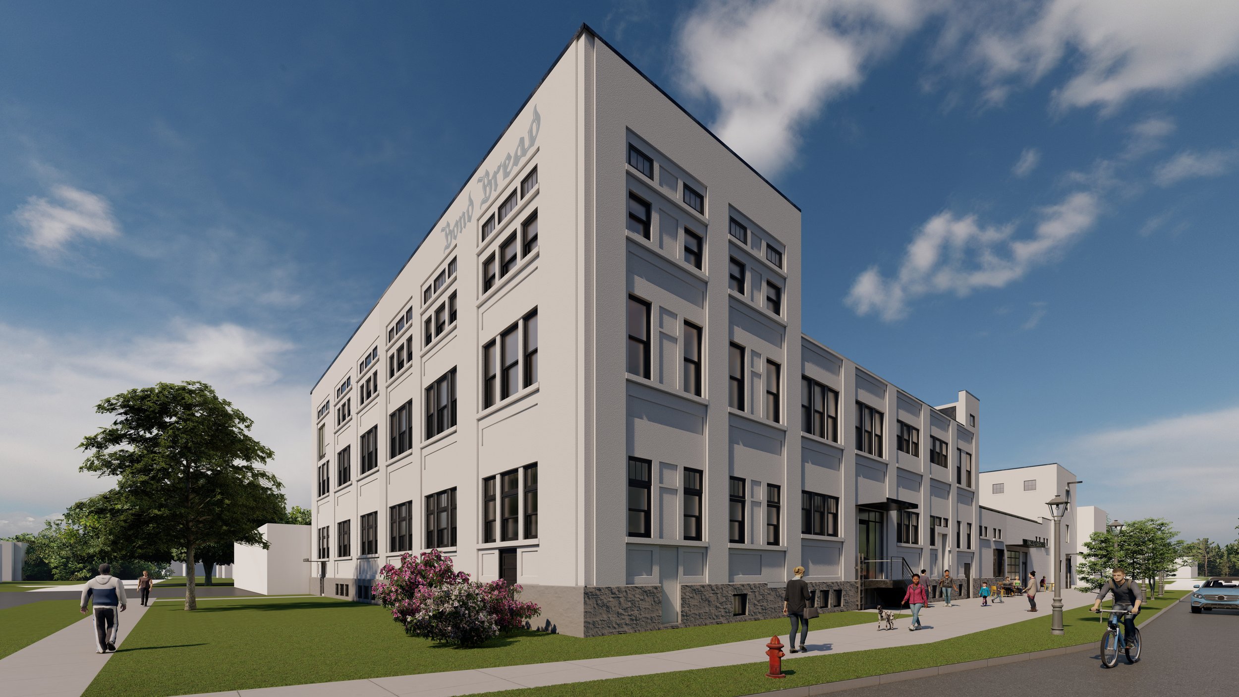 Architectural rendering of the Syracuse Bread Factory redevelopment, showing a restored multi-story historic building with pedestrian walkways, landscaping, and street activity.