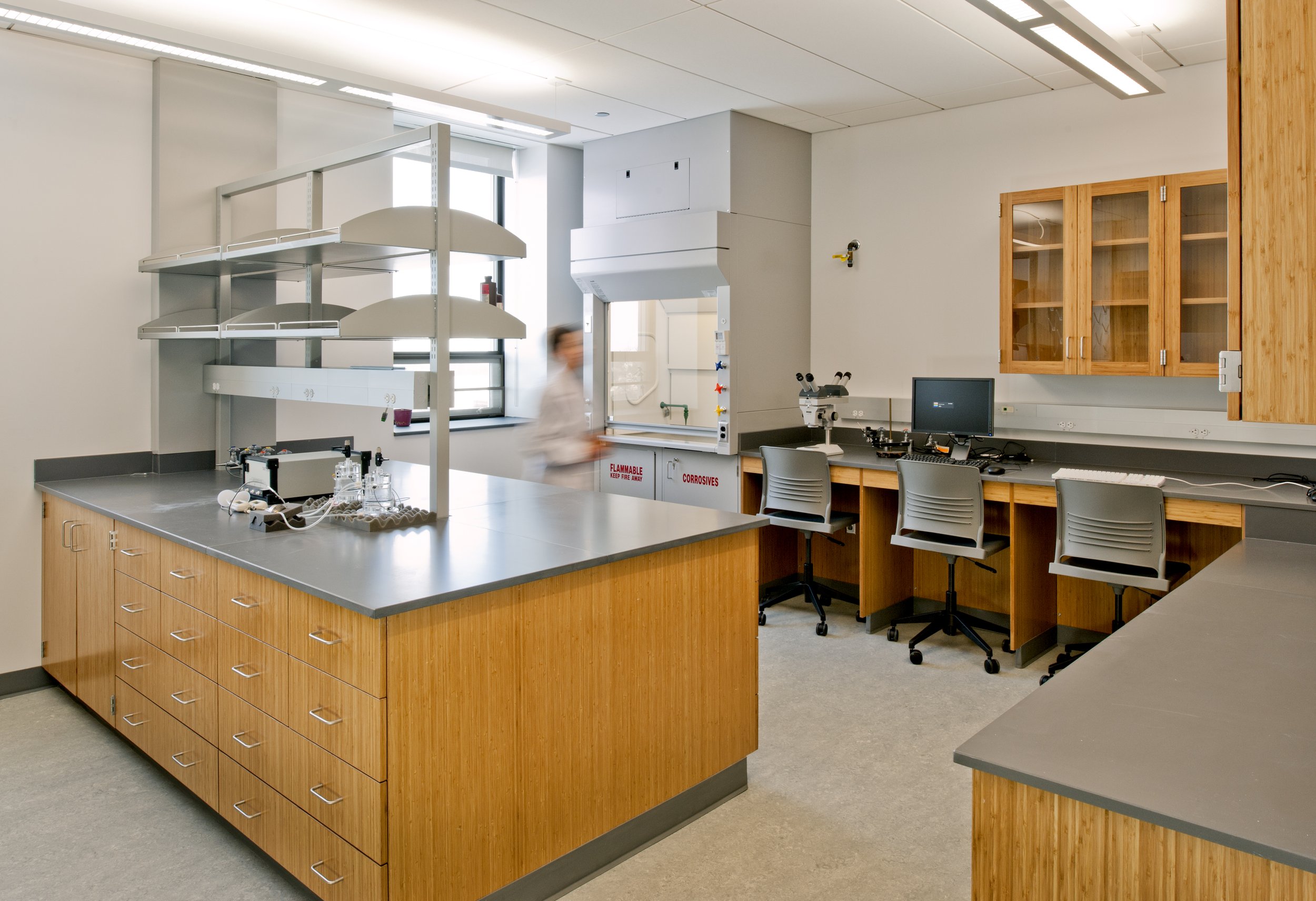 Research laboratory with flexible casework, fume hood, open shelving, and dedicated microscope workstation.