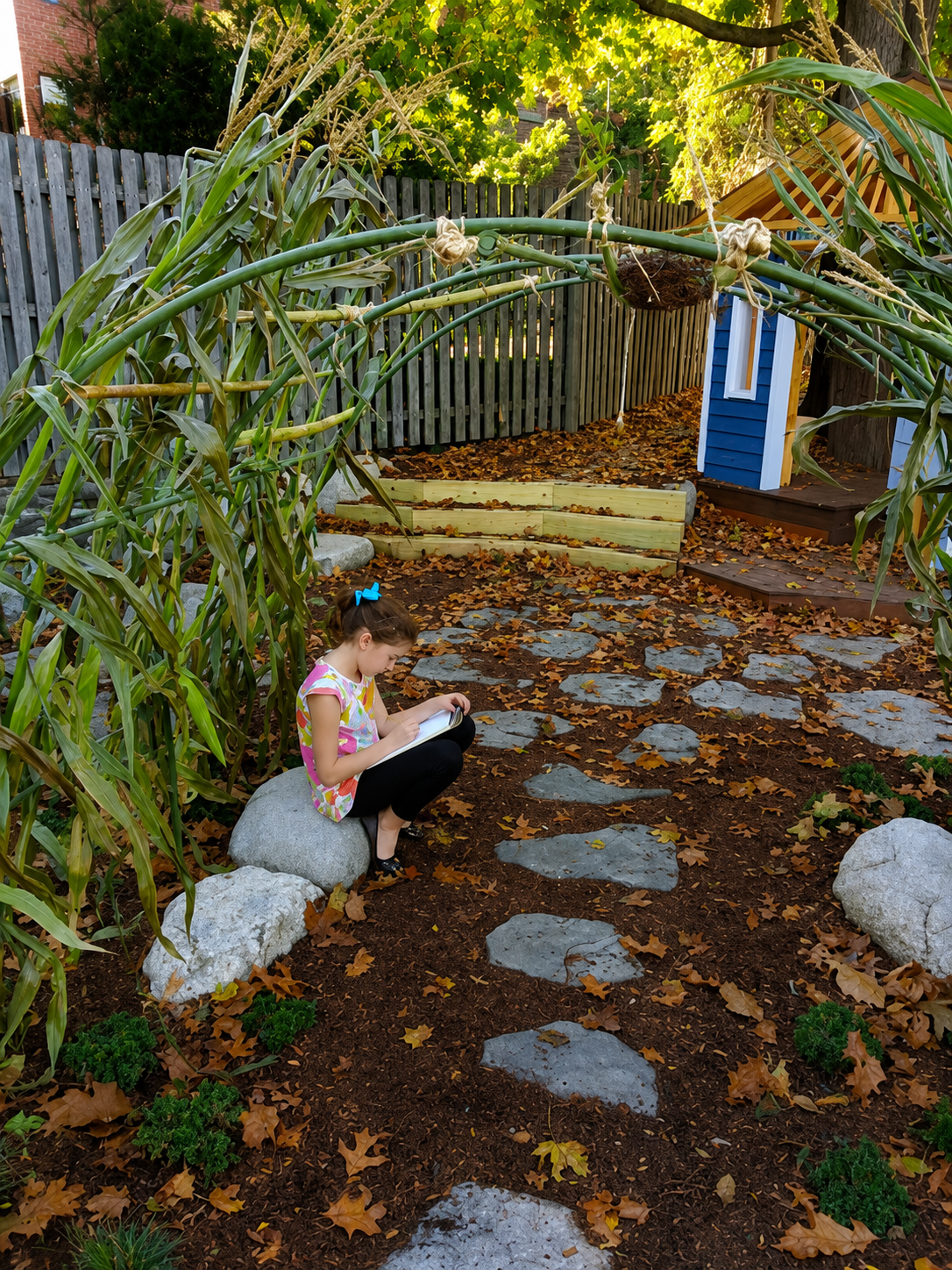 Child sitting on a boulder and writing beneath an arch of tall plants in a nature-based outdoor learning space.