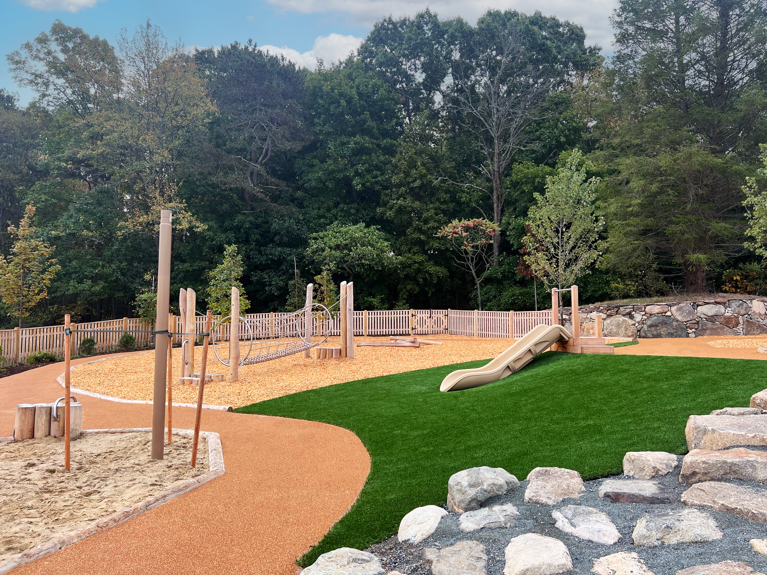 Nature-based early learning playground with a slide, climbing structure, sandbox, winding paths, and natural play elements surrounded by trees.