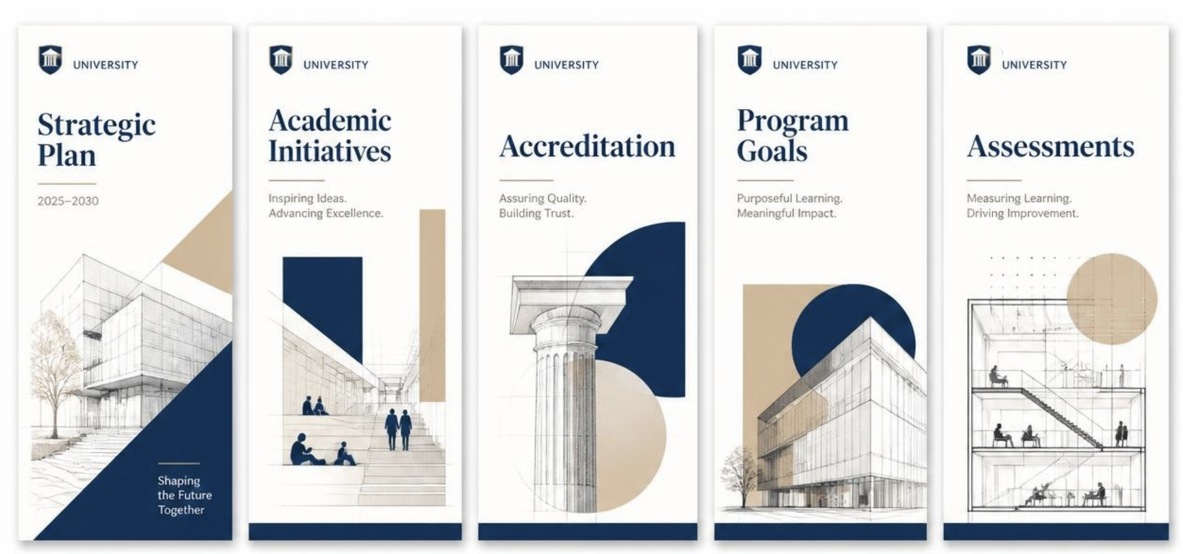 Illustration of university documents: strategic plan, academic initiatives, accreditation, program goals, assessment.