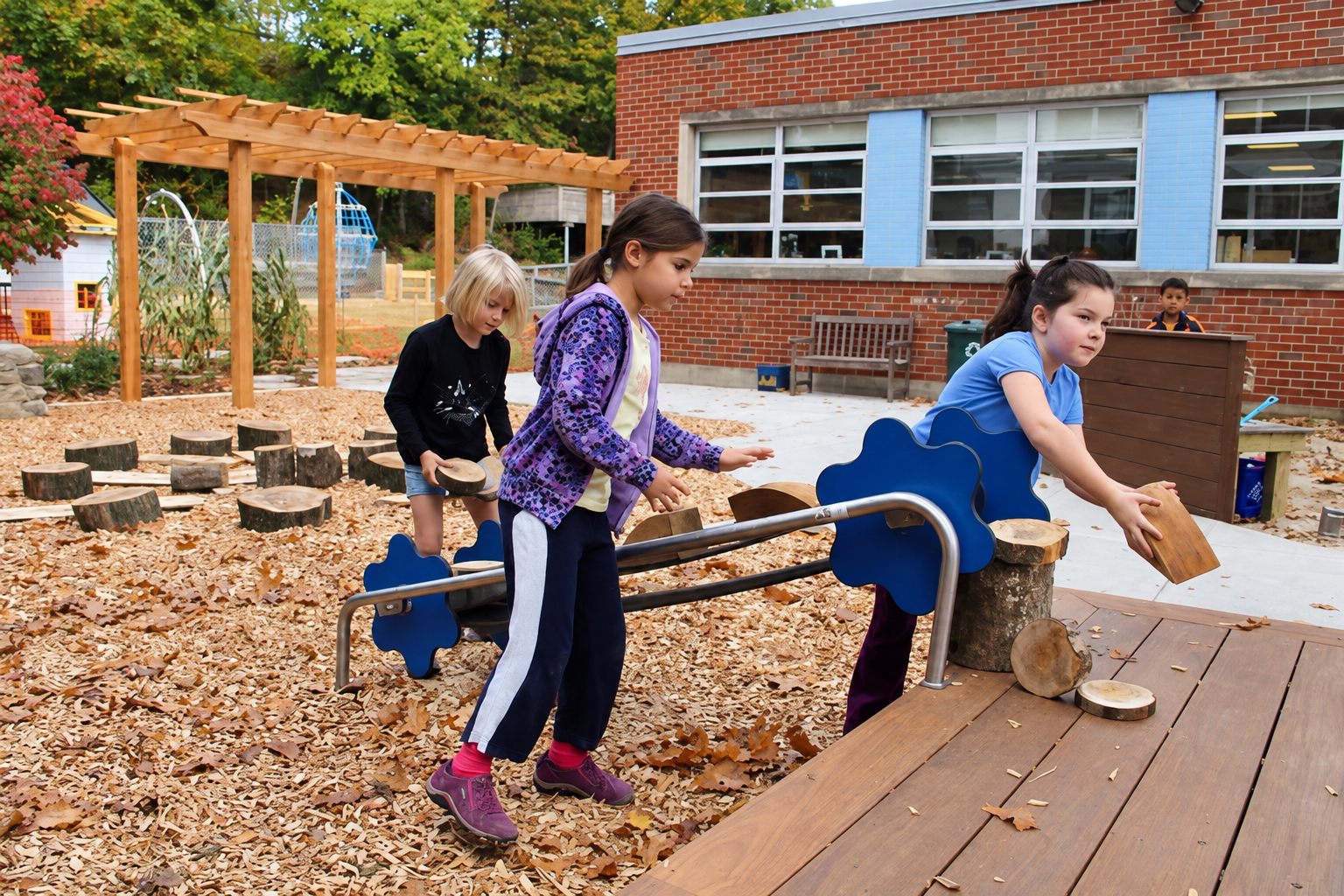 Children playing with natural wood pieces and interactive equipment in a nature-based school playground with a wooden pergola.