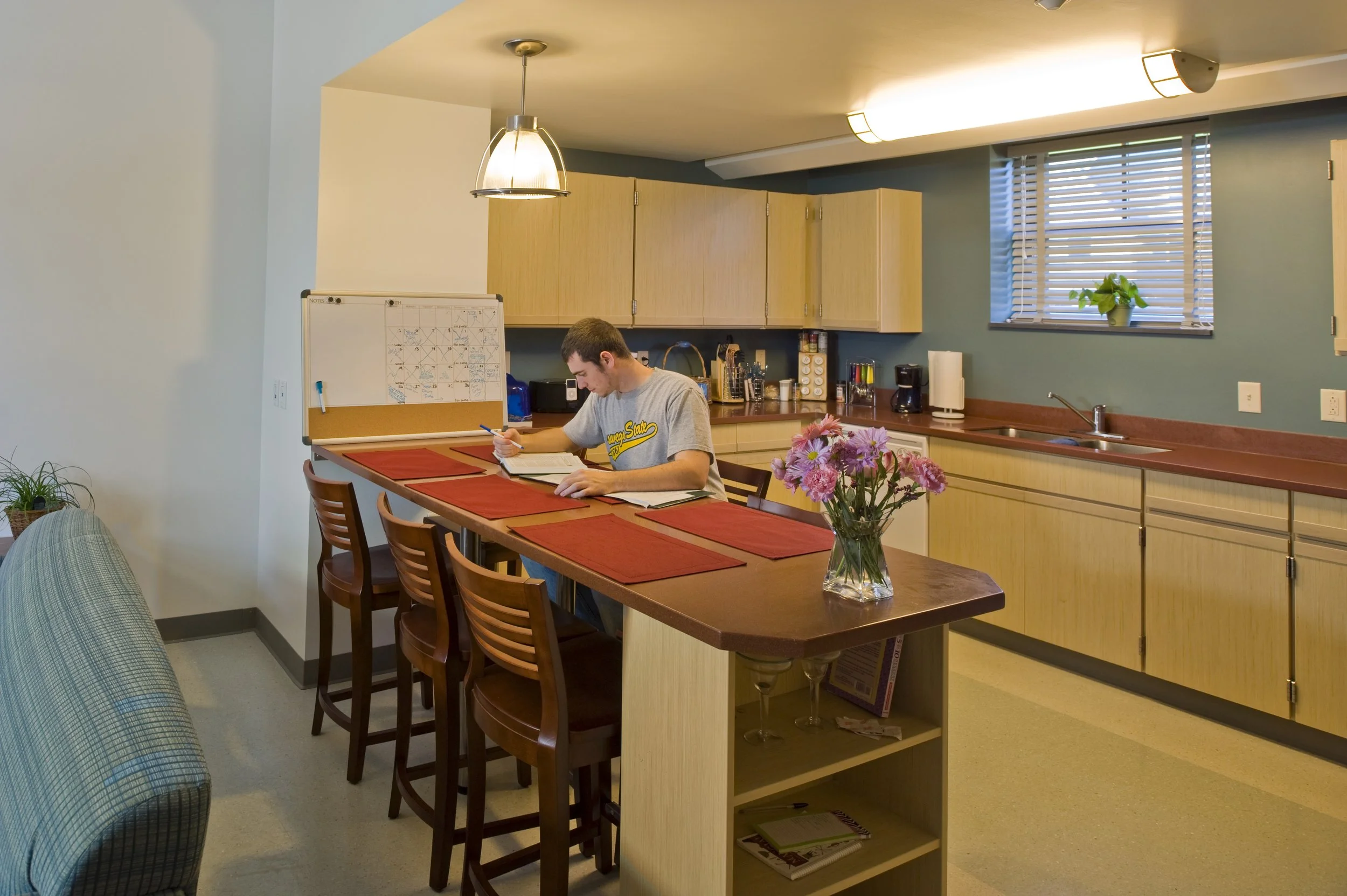 Townhome kitchen and dining area with center island, modern cabinetry, and open concept living space.
